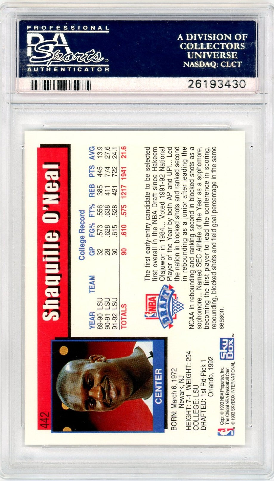 1992 Hoops Shaquille O'Neal #442 PSA 10