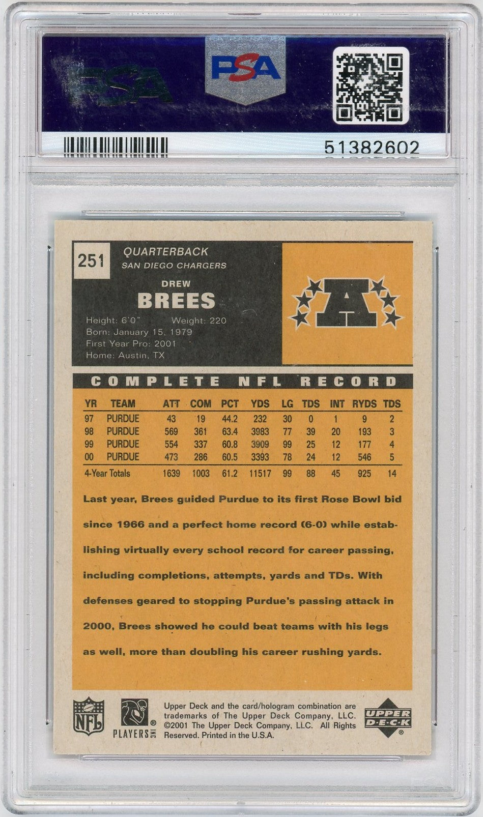 2001 Upper Deck Vintage Drew Brees #251 PSA 10