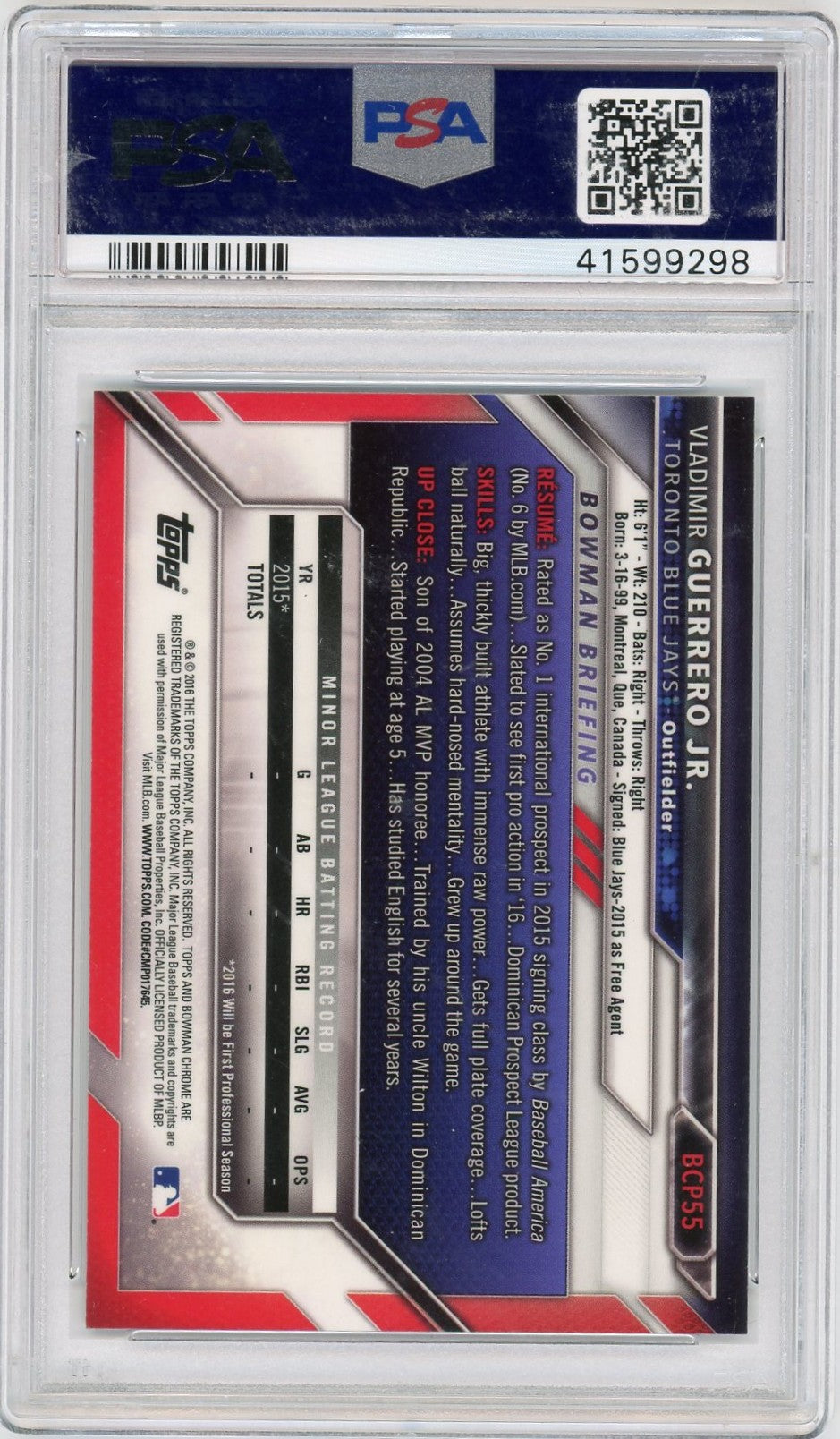 2016 Bowman Prospects Vladimir Guerrero JR. #BCP55 Chrome PSA 10