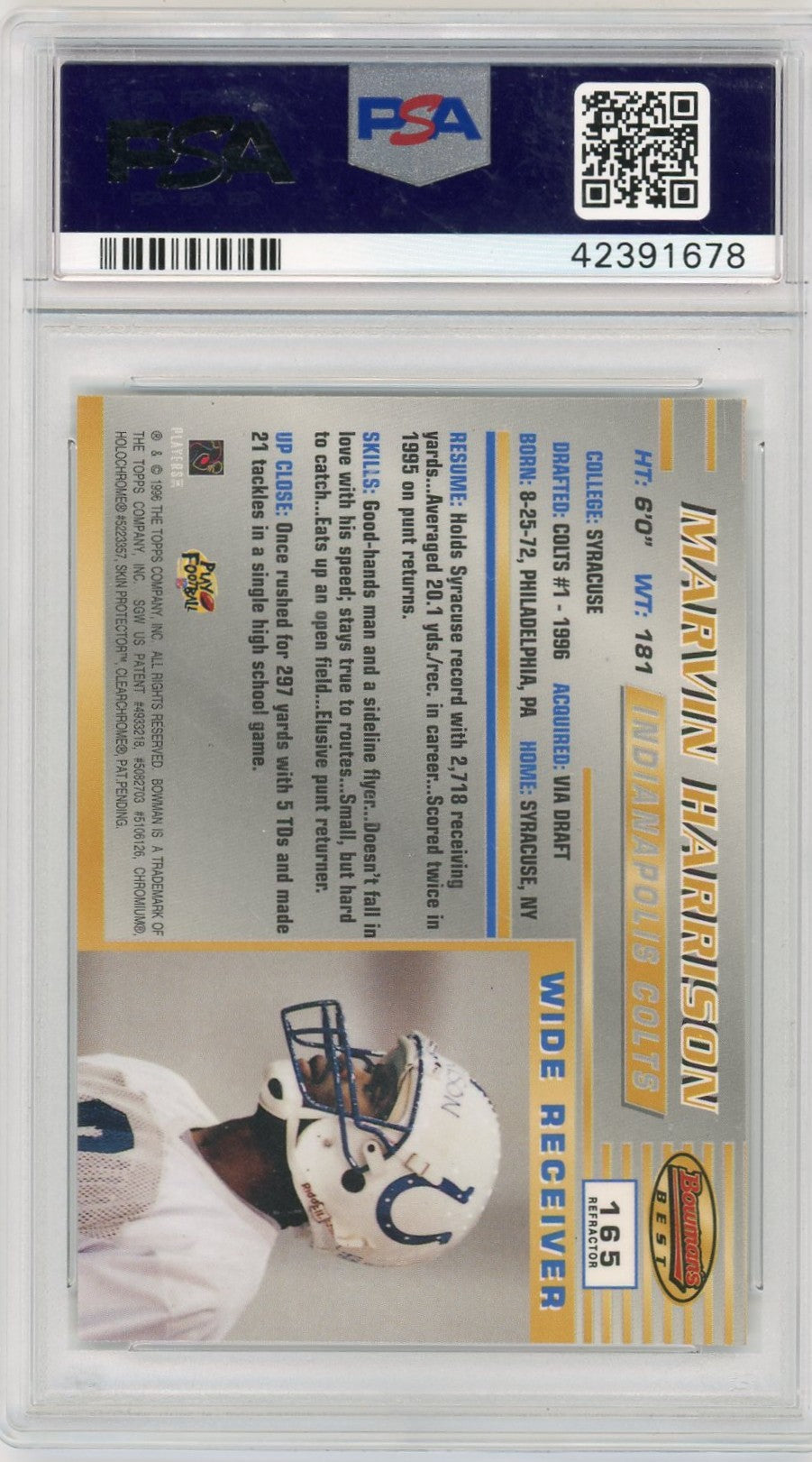 1996 Bowman's Best Marvin Harrison #165 Refractor PSA 8