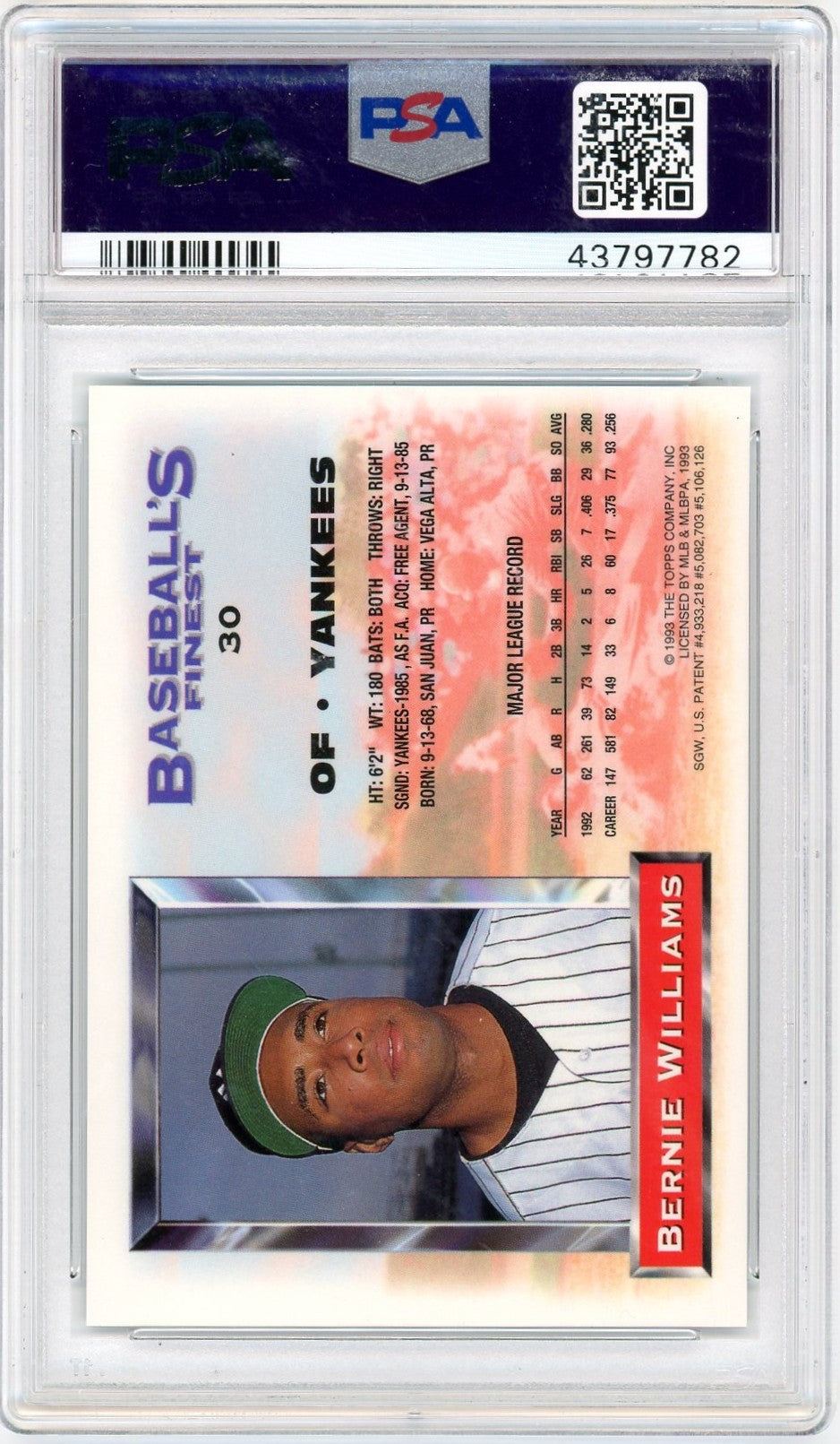 1993 Finest Bernie Williams #30 Refractor PSA 8