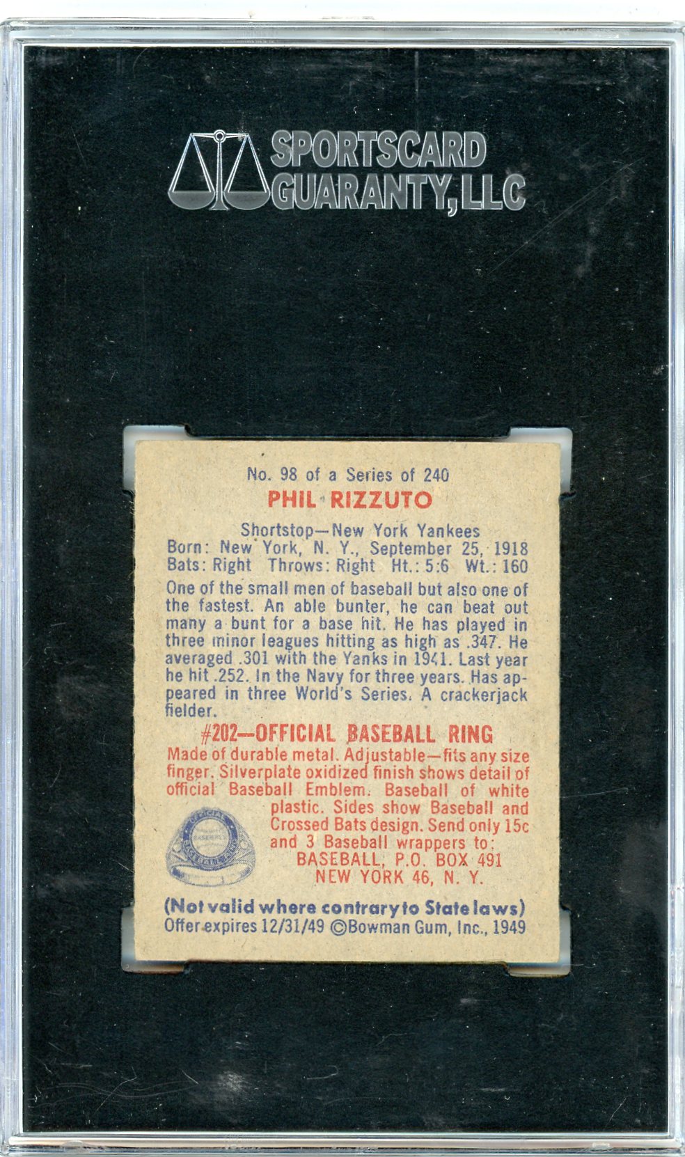 1949 Bowman Phil Rizzuto #98 No Name On Front SGC 8