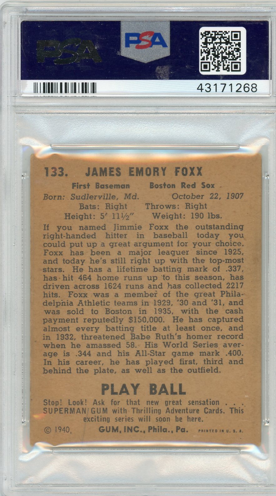 1940 Play Ball Jimmie Foxx #133 PSA 4