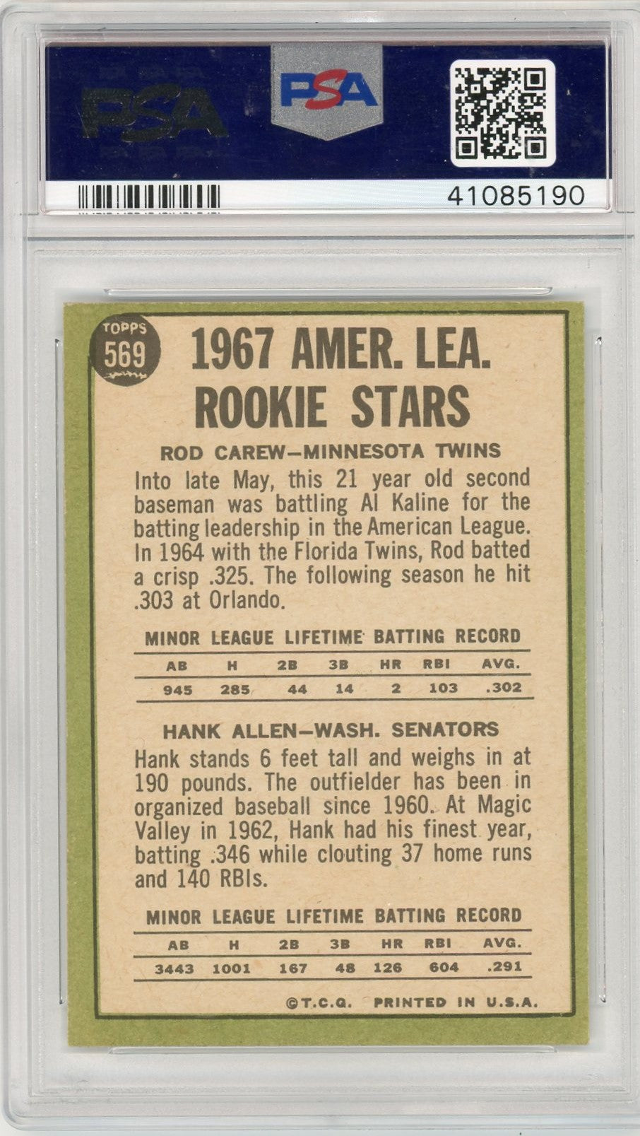 1967 Topps A. L. Rookies #569 R. Carew H. Allen PSA 8