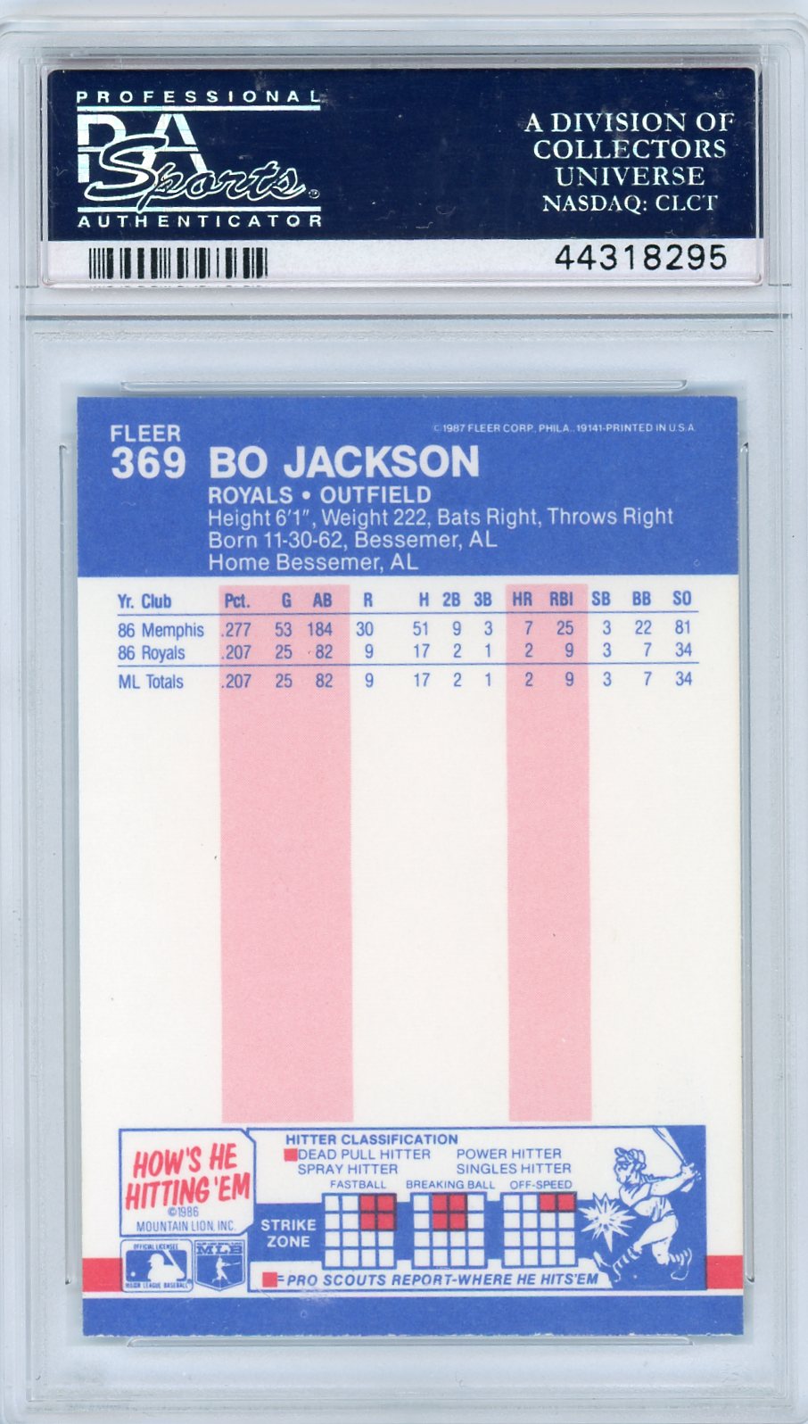 1987 Fleer Bo Jackson #369 PSA 10