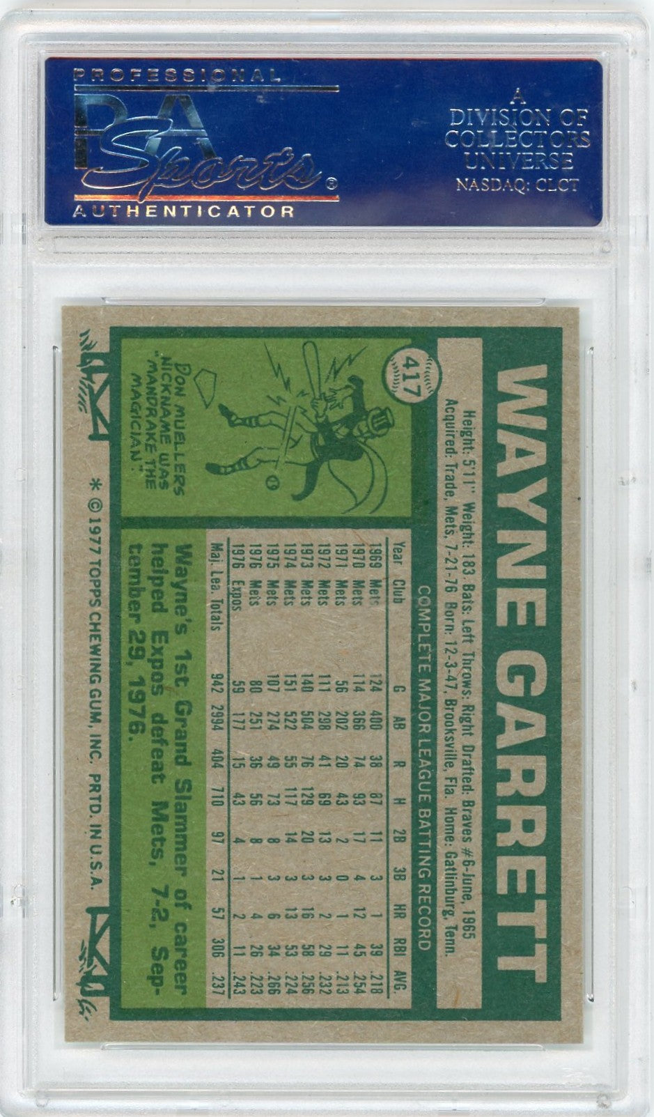 1977 Topps Wayne Garrett #417 PSA 10
