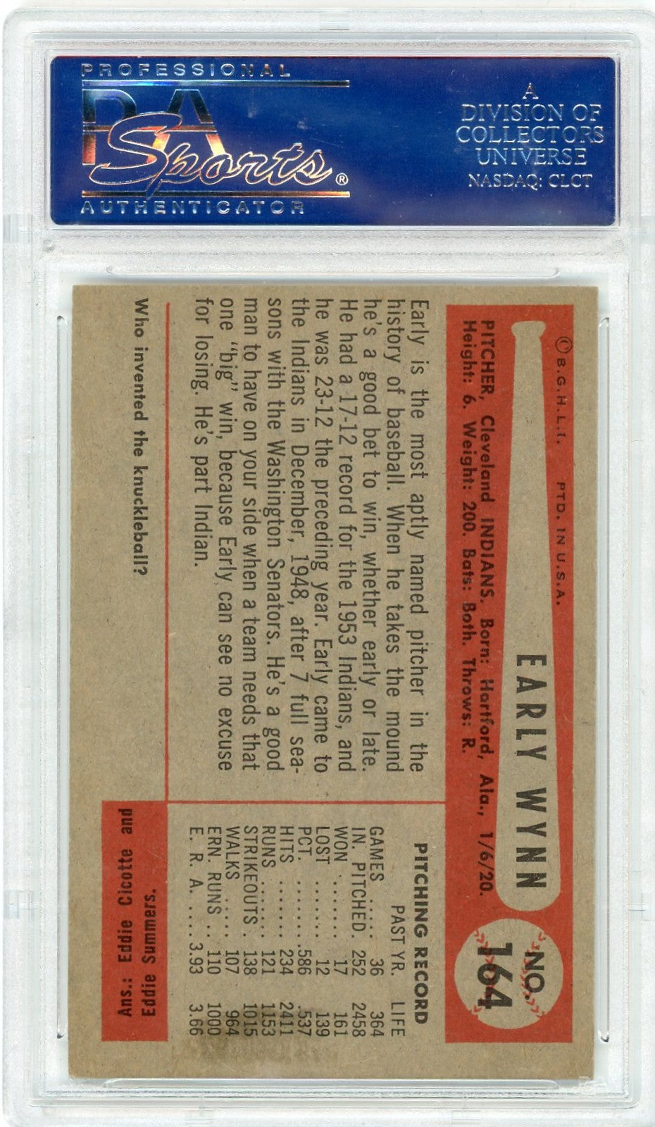 1954 Bowman Early Wynn #164 PSA 6