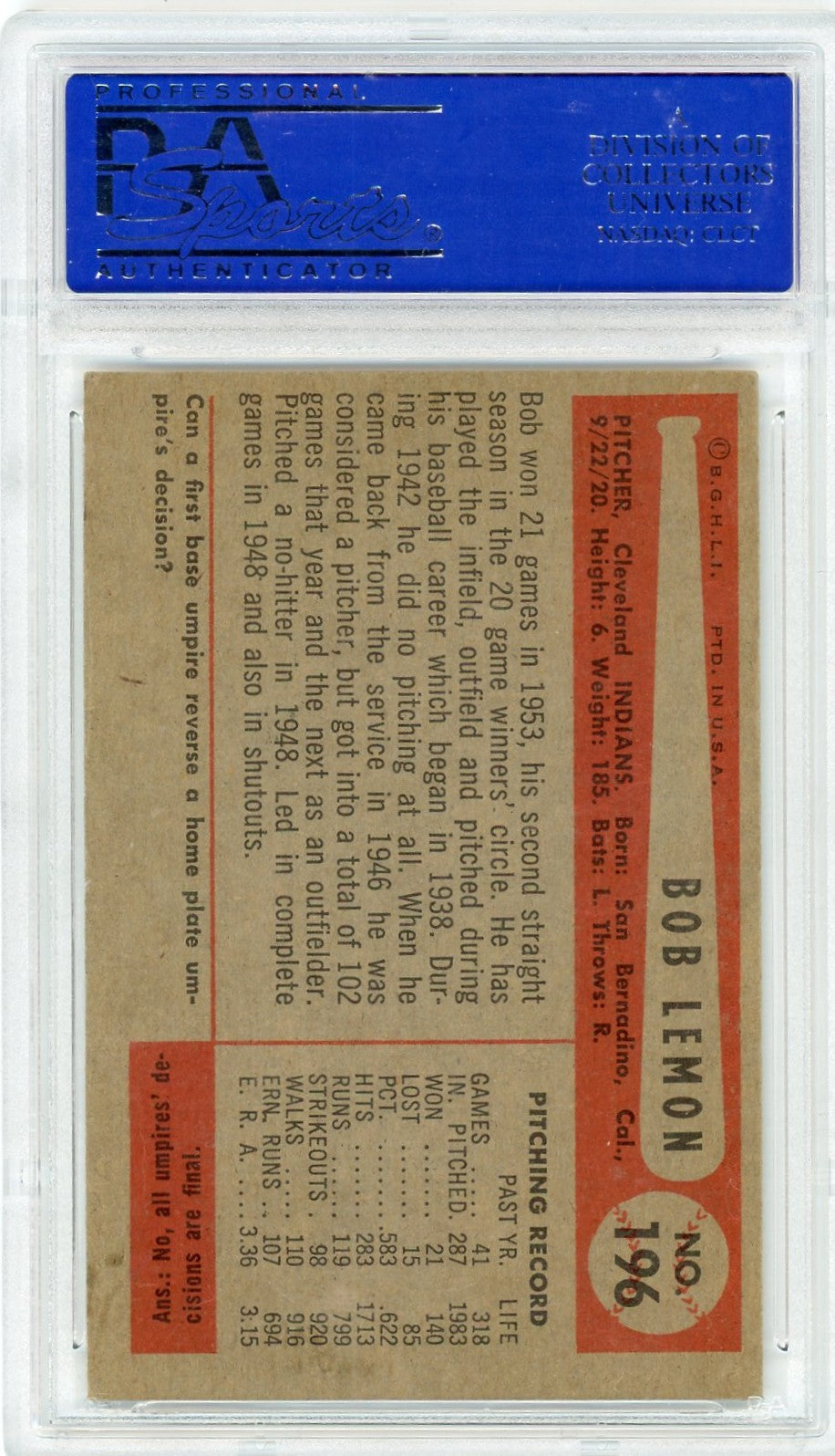1954 Bowman Bob Lemon #196 PSA 5