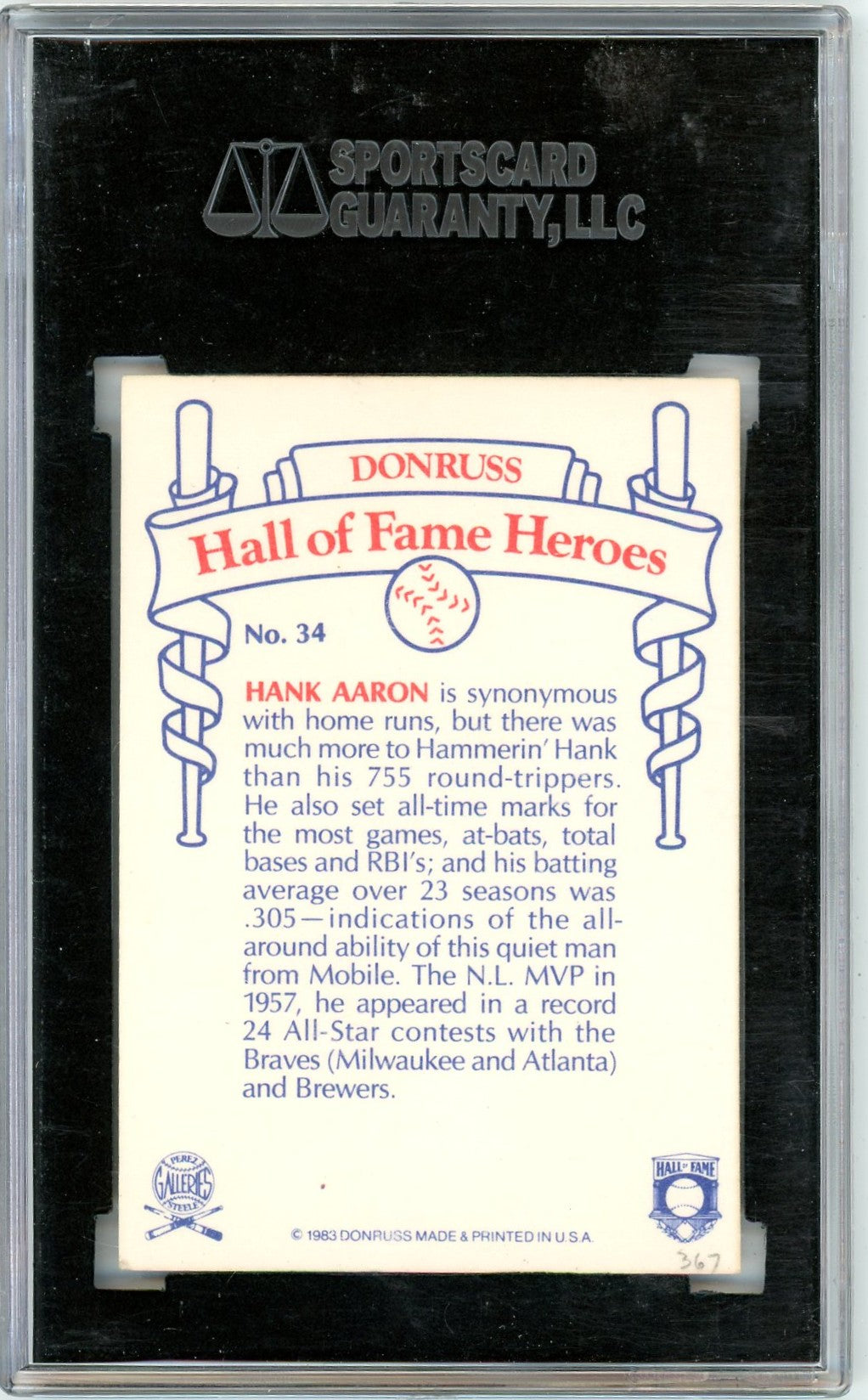 1983 Donruss Hank Aaron #34 Hall of Fame Heroes SGC Authentic Auto Authentic