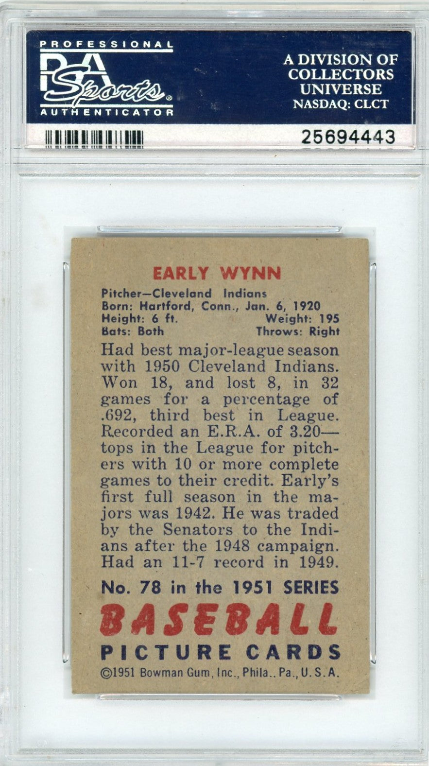 1951 Bowman Early Wynn #78 PSA 4