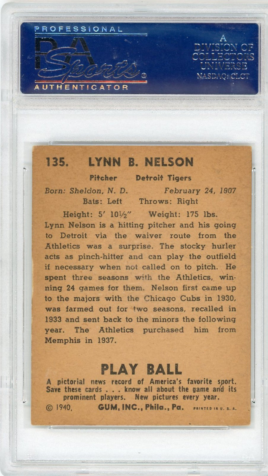 1940 Play Ball Line Drive Nelson #135 PSA 5.5