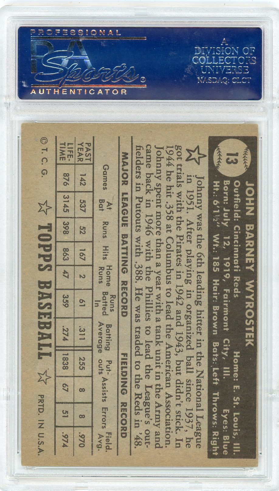 1952 Topps Johnny Wyrostek #13 Black Back PSA 7