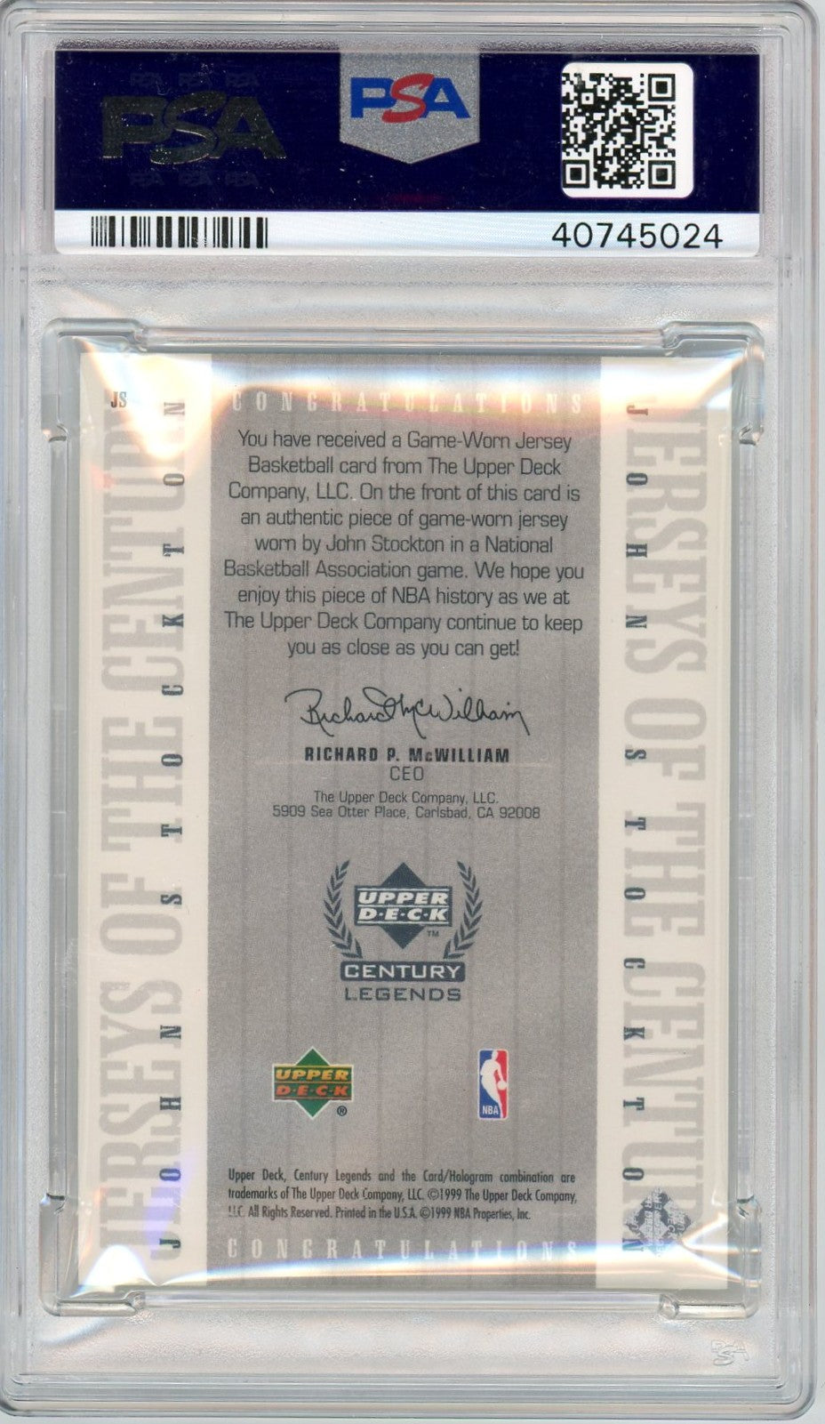 1998 Upper Deck Century Legends Jerseys Of The Century John Stockton #JS PSA 10
