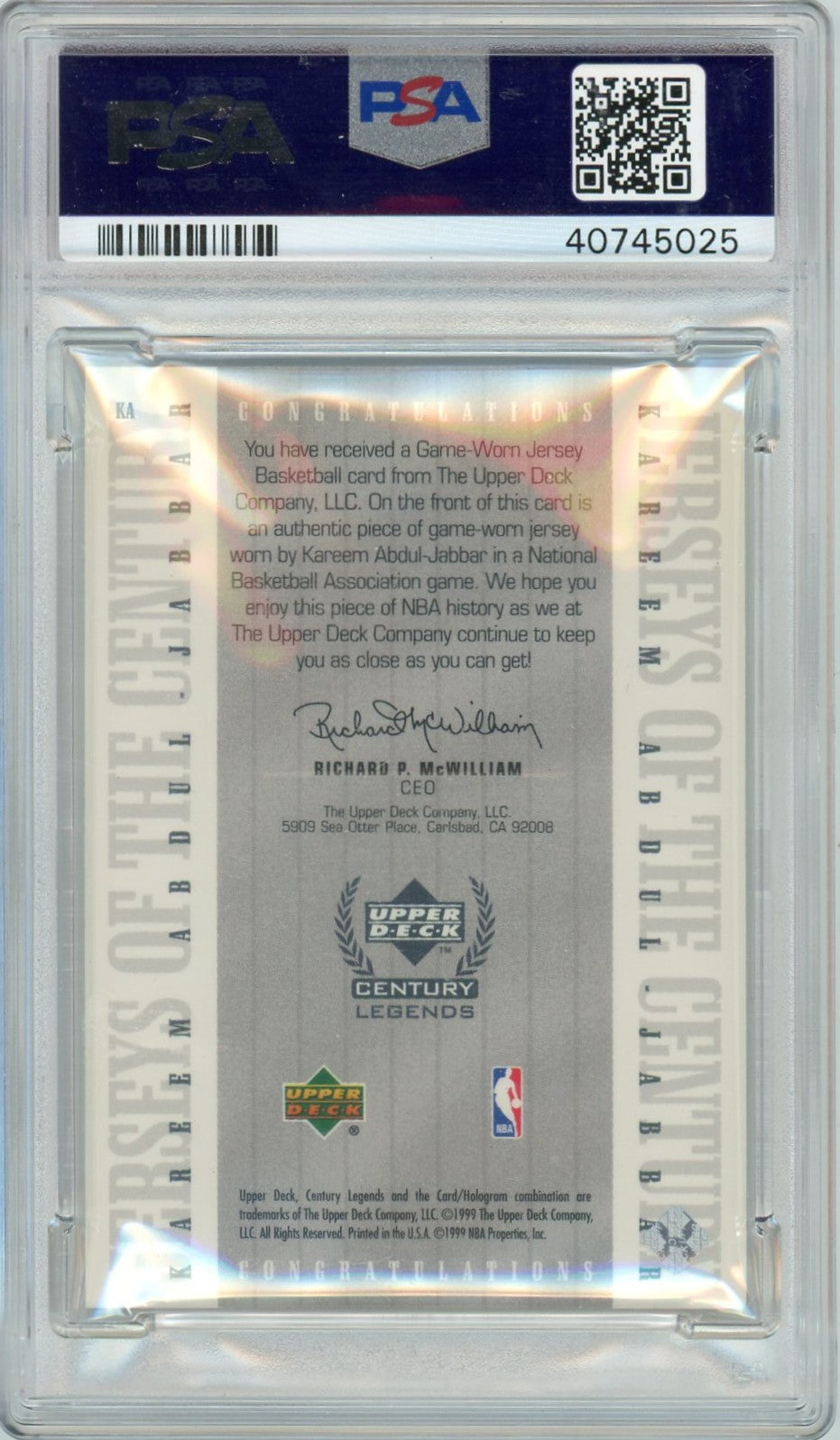 1998 Upper Deck Century Legends Jerseys Century Kareem Abdul-Jabbar #KA PSA 10