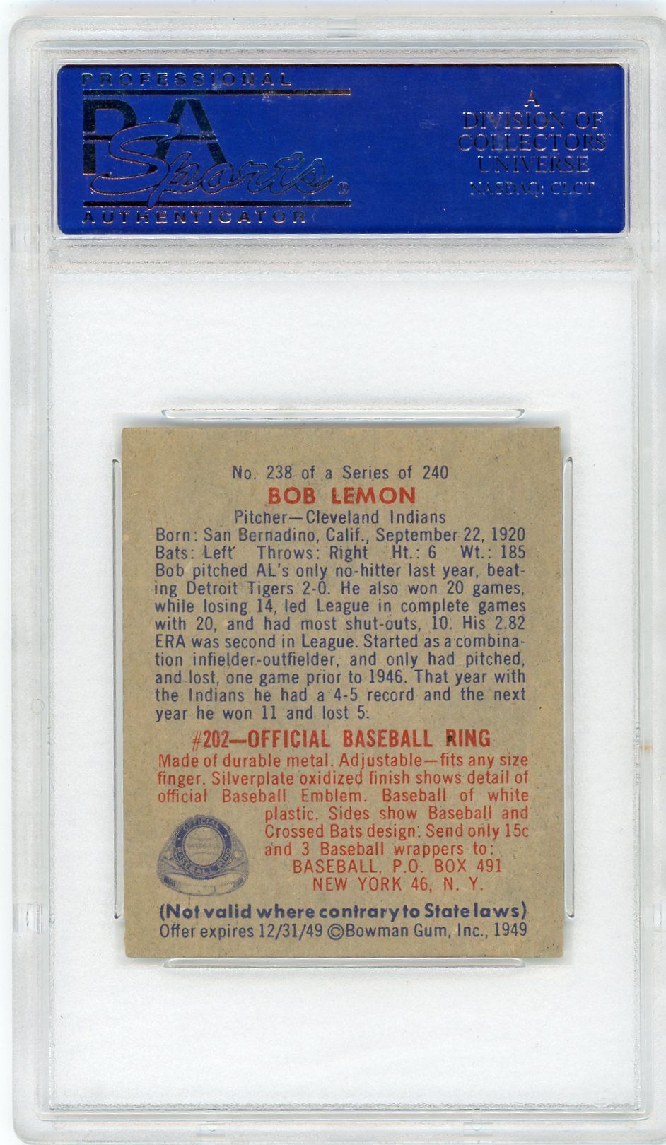1949 Bowman Bob Lemon #238 PSA 6