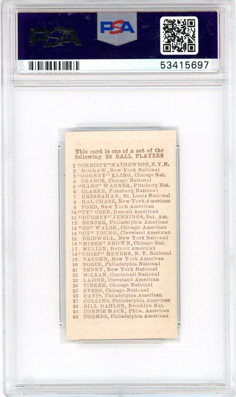 1910 E98 Set Of 30 Connie Mack Red PSA 7