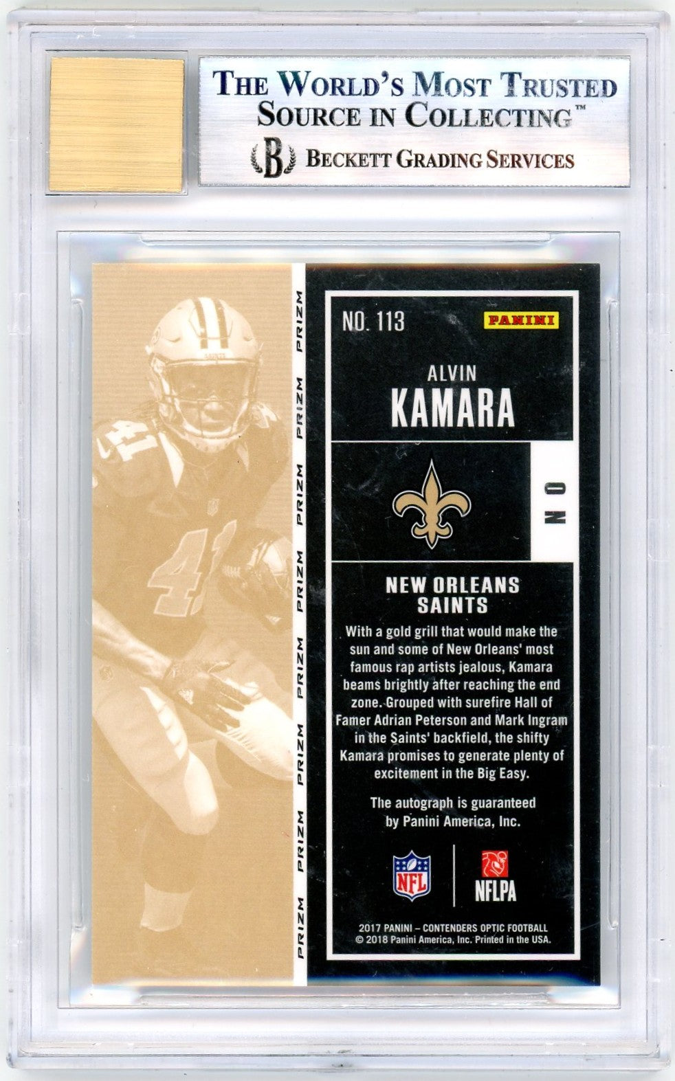 2017 Panini Contenders Optic Alvin Kamara #113 BGS 9 Rookie Auto 8