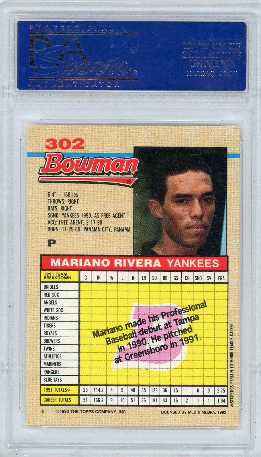 1992 Bowman Mariano Rivera #302 PSA 10