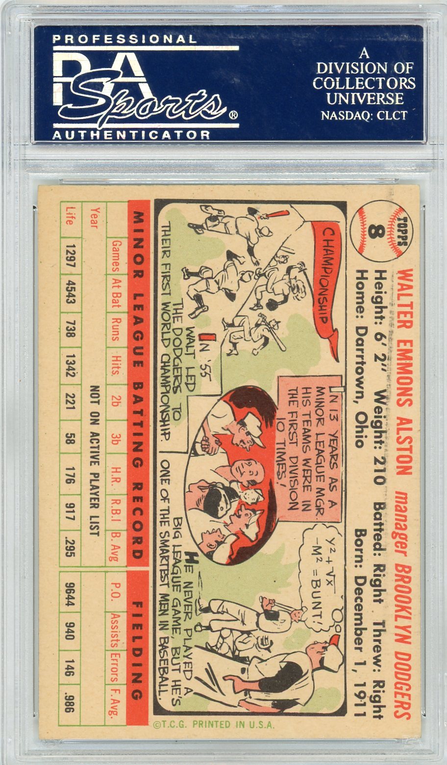 1956 Topps Walter Alston #8 White Back PSA 7