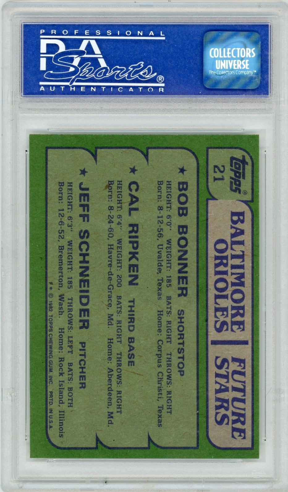1982 Topps Orioles Future Stars #21 Bonner Ripken Schneider PSA 9 Oc