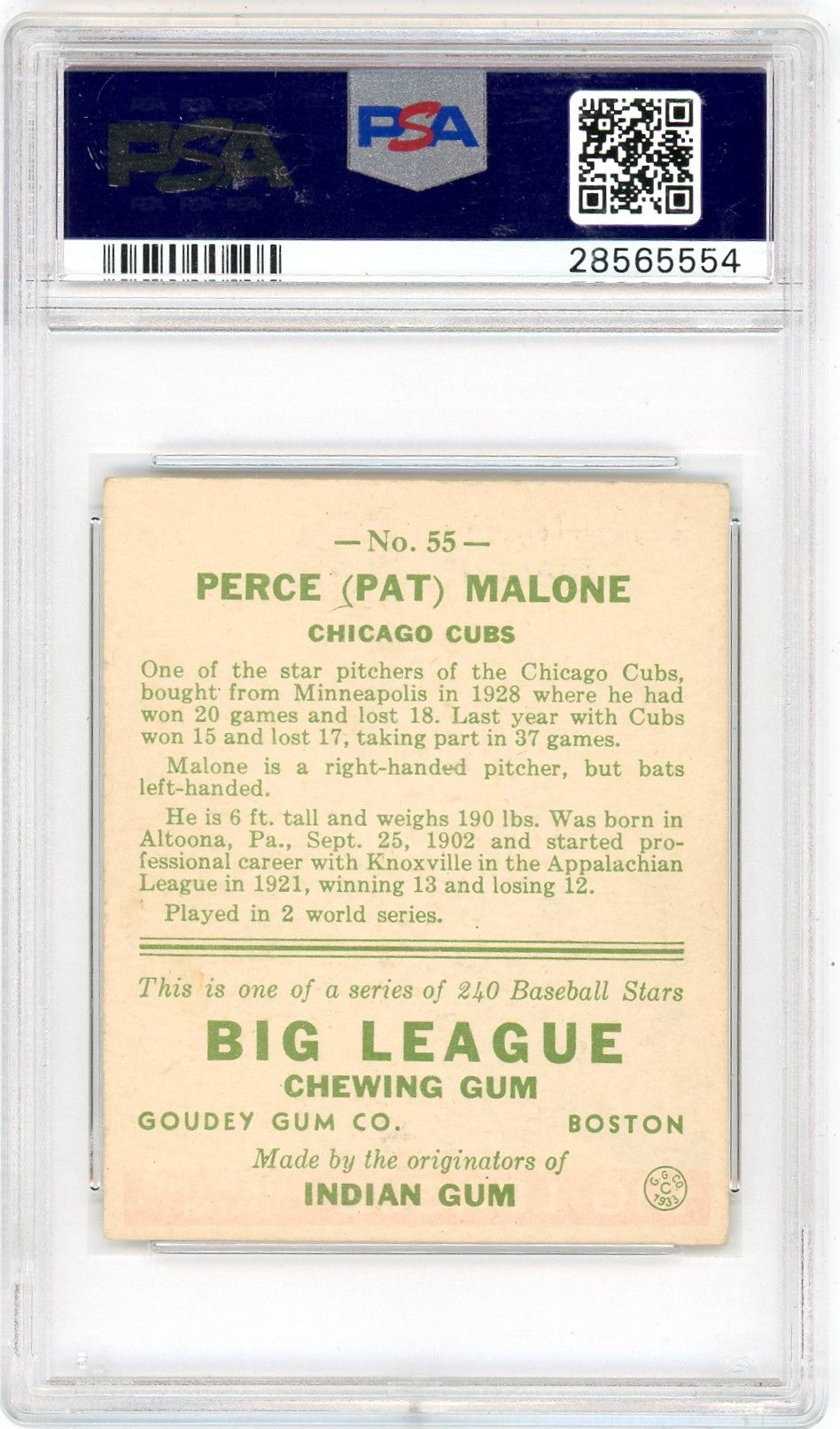 1933 Goudey Pat Malone #55 PSA 2