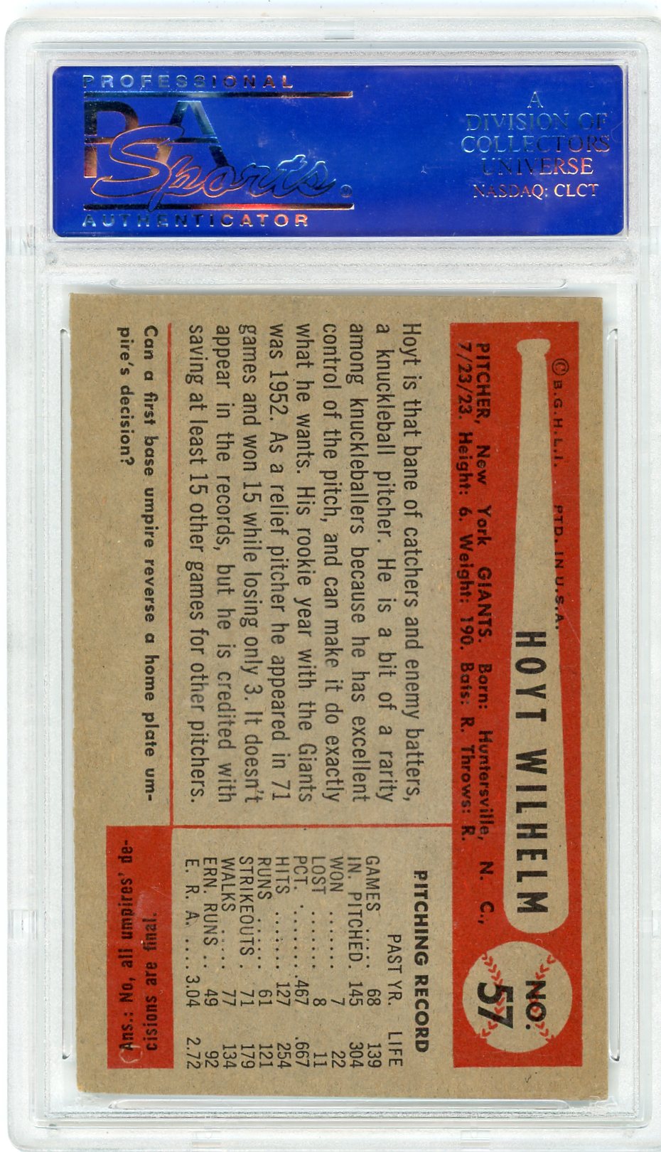 1954 Bowman Hoyt Wilhelm #57 PSA 6
