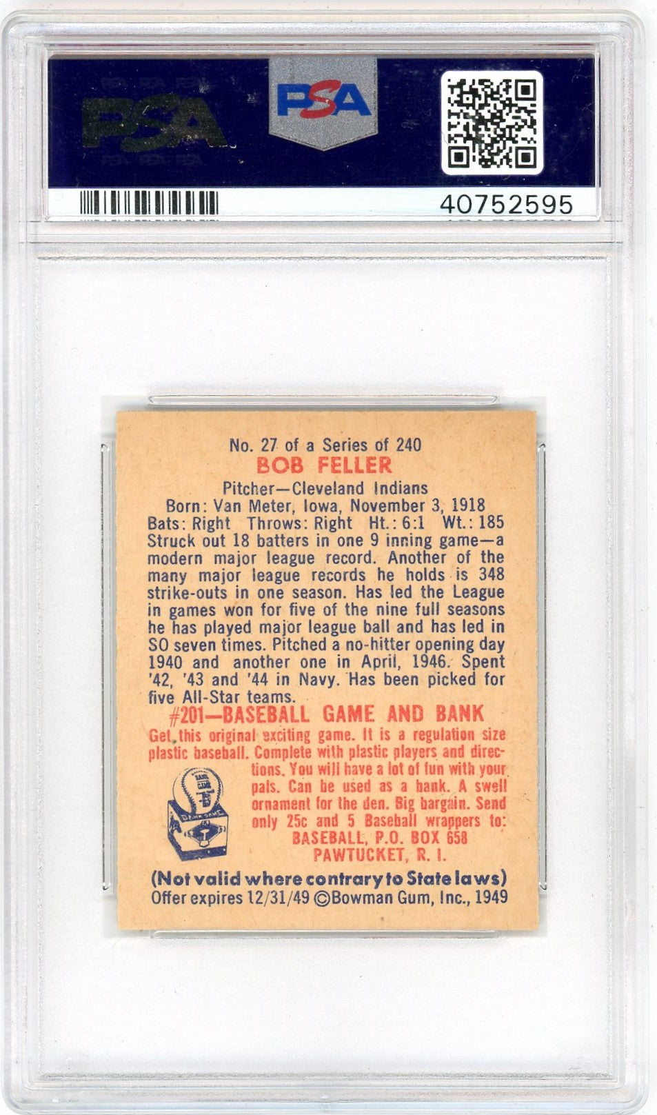1949 Bowman Bob Feller #27 PSA 7
