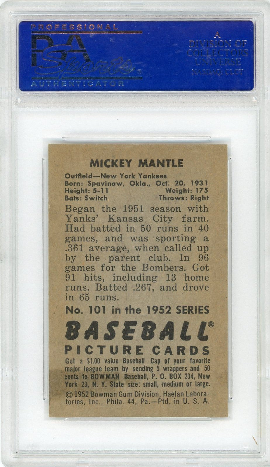 1952 Bowman Mickey Mantle #101 PSA 7