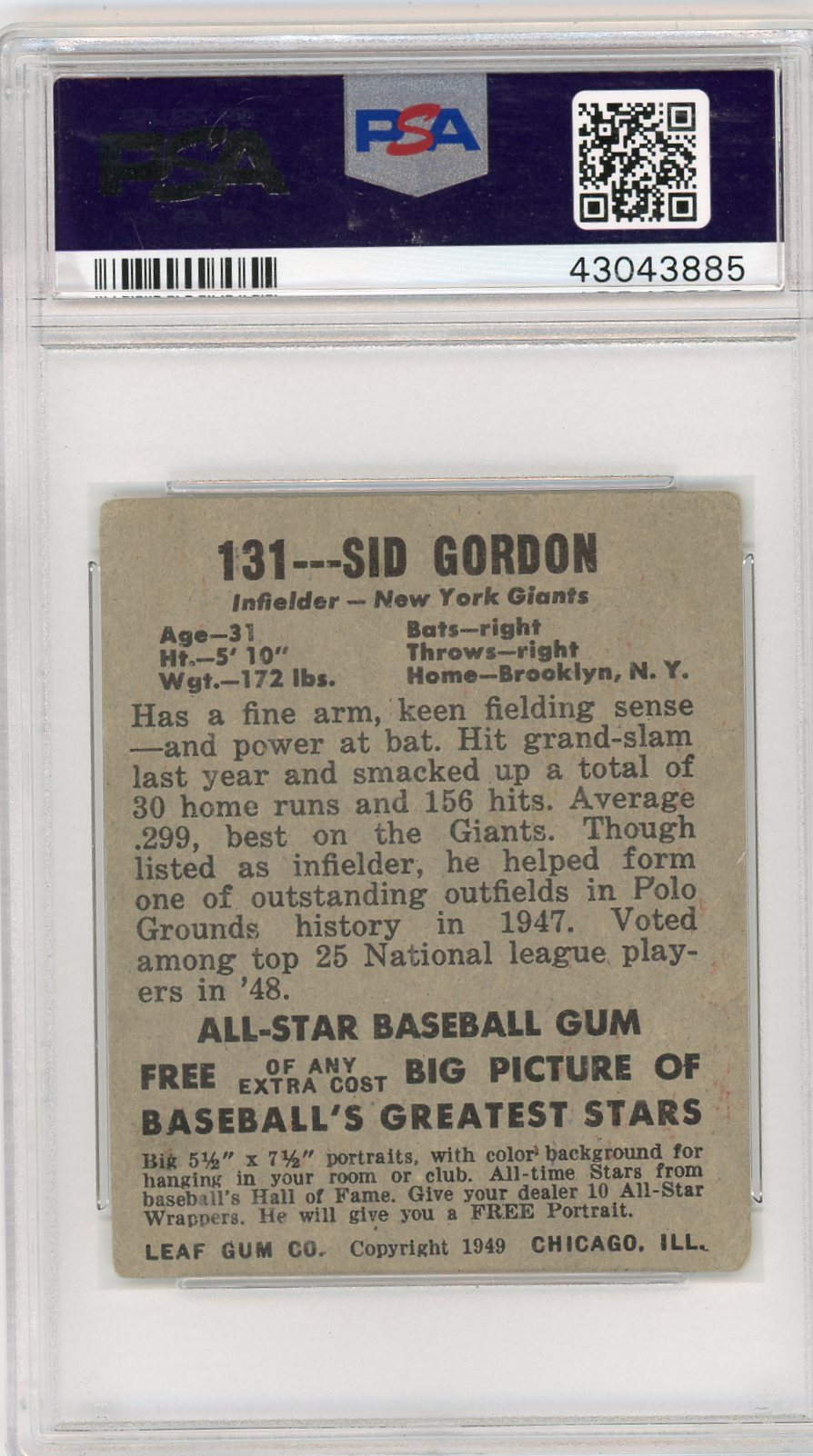 1948 Leaf Sid Gordon #131 PSA 1.5