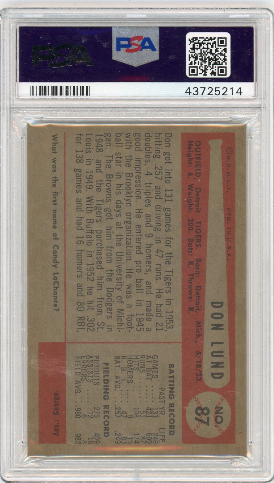 1954 Bowman Don Lund #87 PSA 8