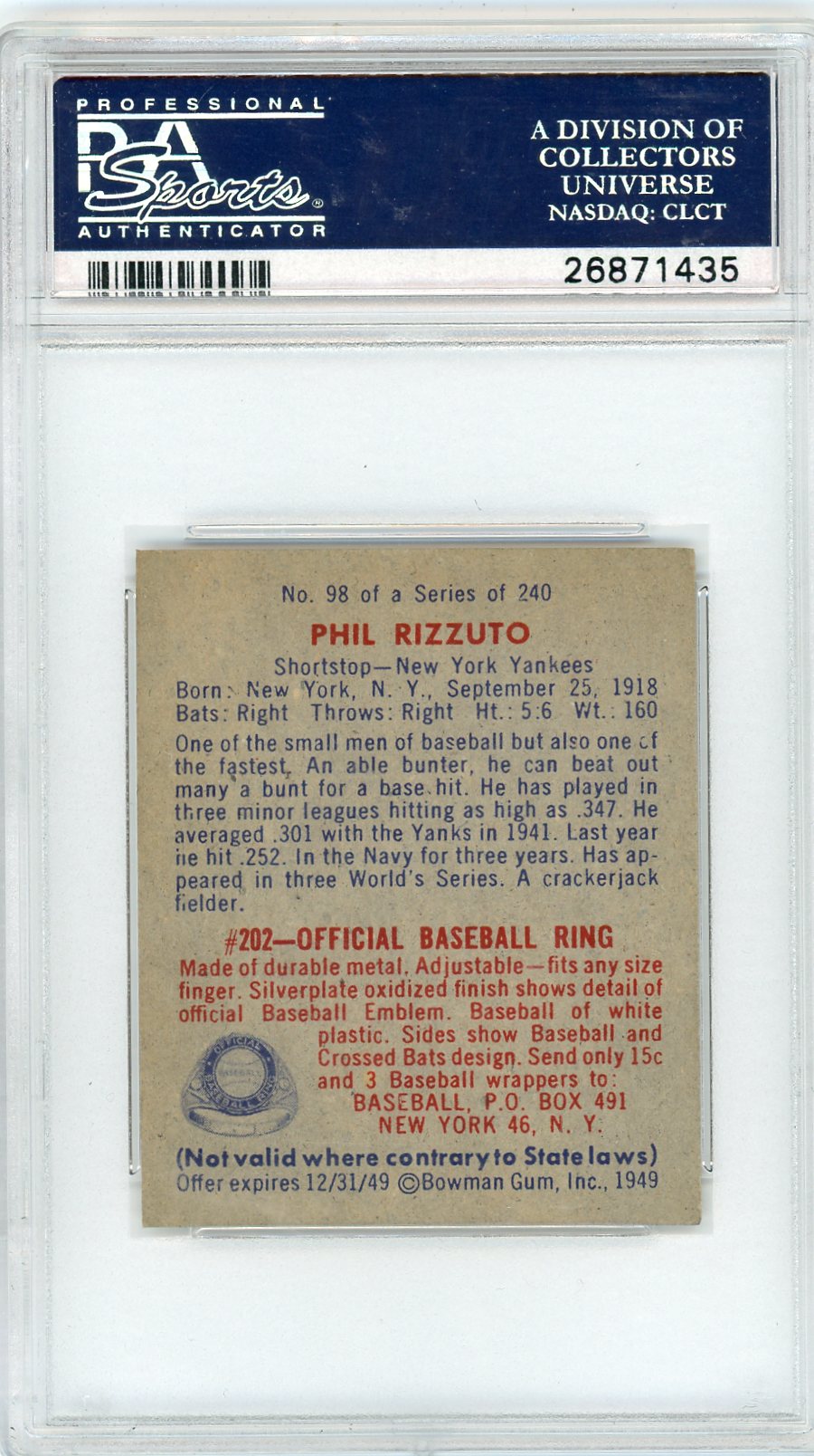 1949 Bowman Phil Rizzuto #98 Name On Front PSA 7.5