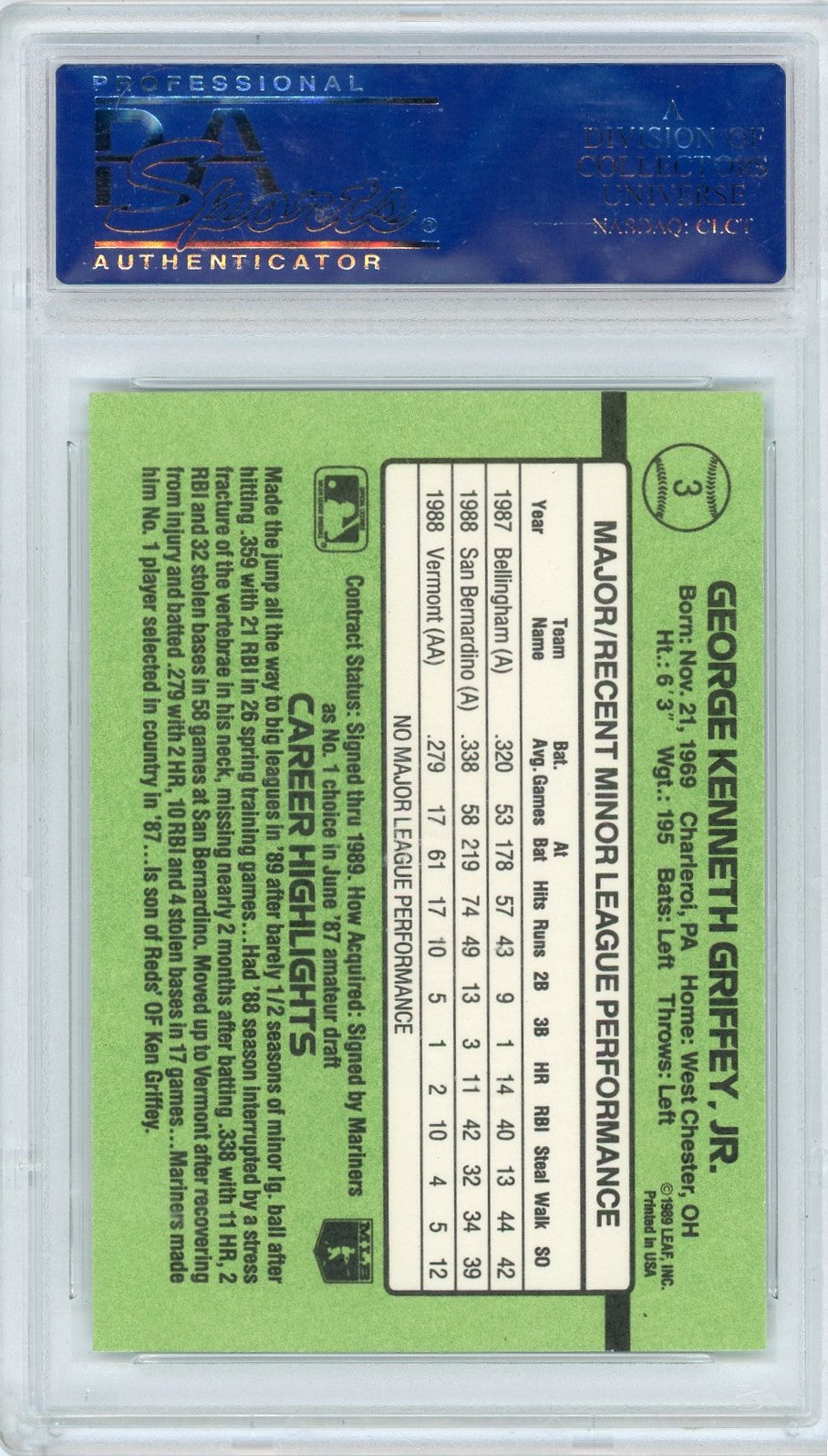 1989 Donruss Rookies Ken Griffey JR. #3 PSA 10