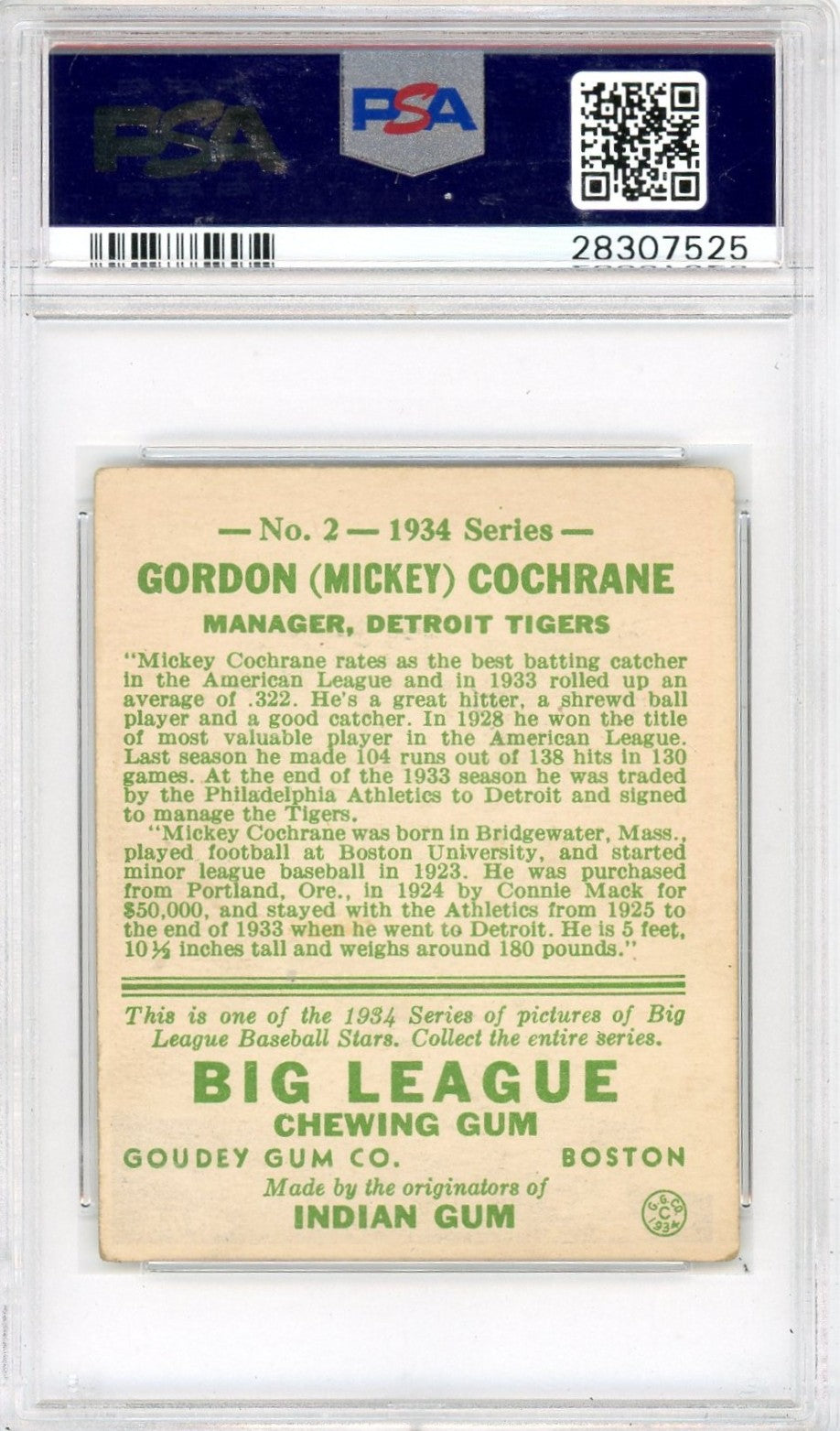 1934 Goudey Mickey Cochrane #2 PSA 4 MK