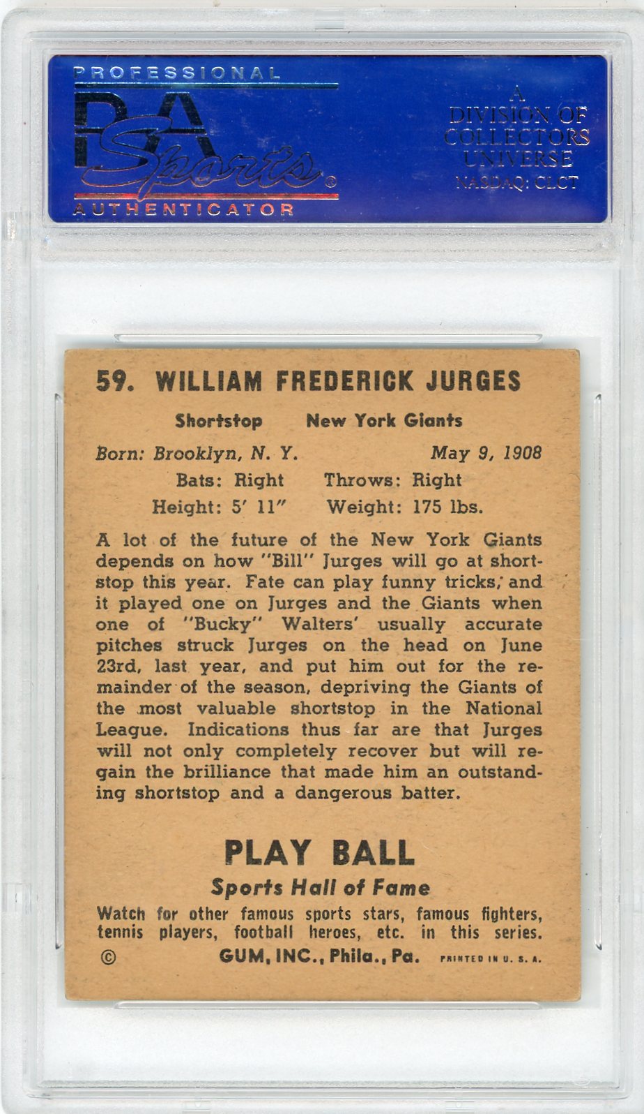 1941 Play Ball Bill Jurges #59 PSA 5