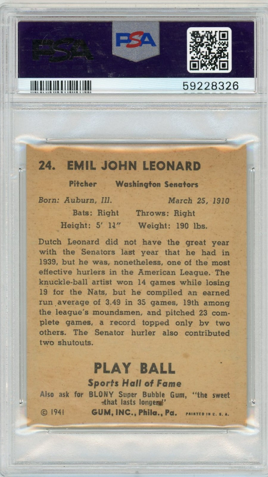 1941 Play Ball Dutch Leonard #24 PSA 6