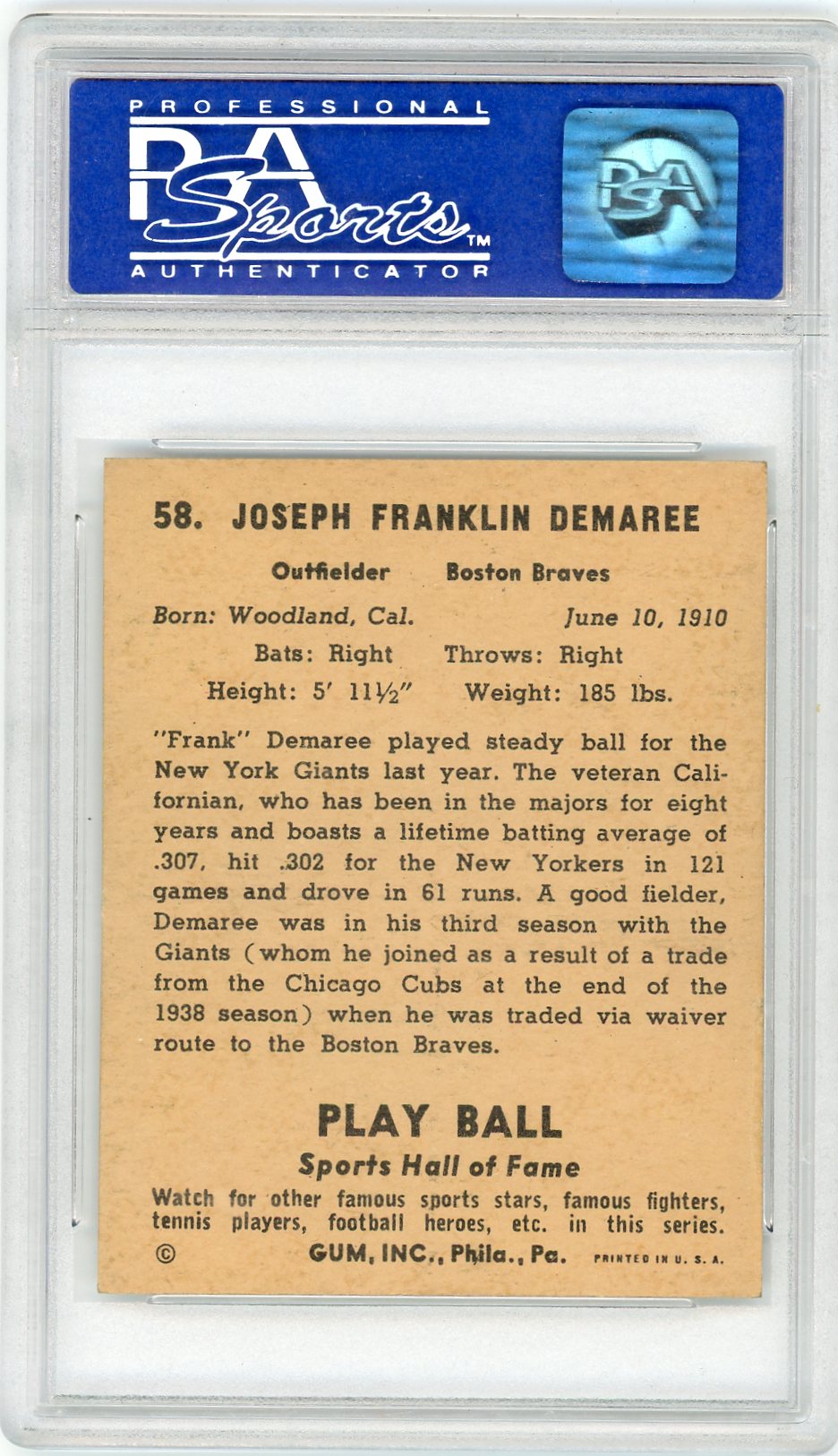 1941 Play Ball Frank Demaree #58 PSA 6