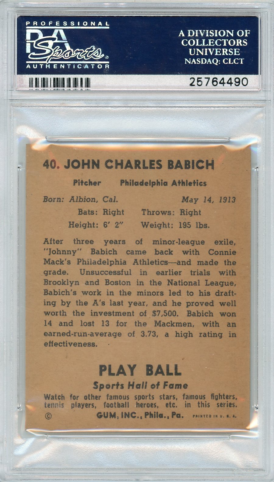 1941 Play Ball Johnny Babich #40 PSA 7