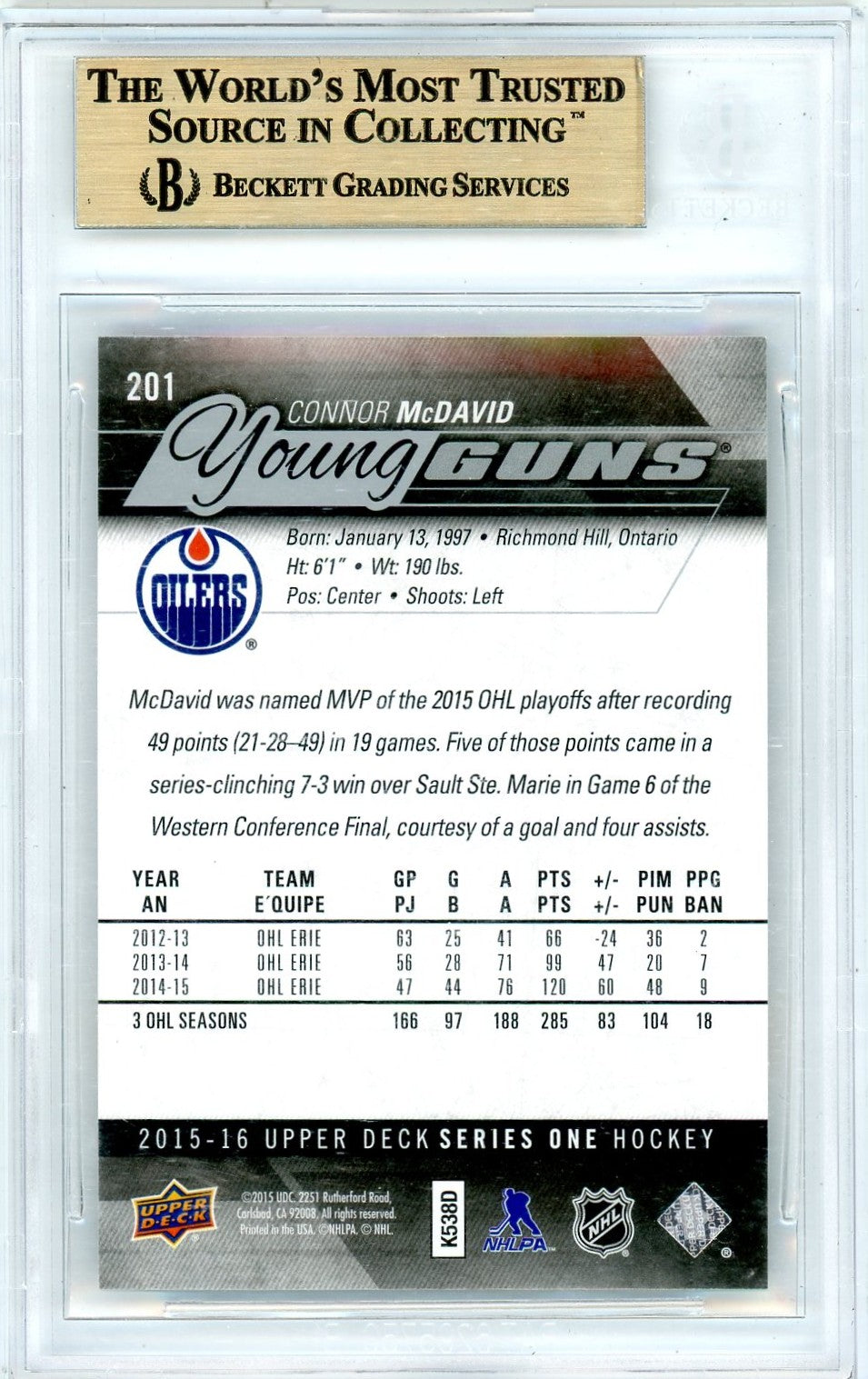 2015 Upper Deck Connor McDavid YG #201 BGS 10 Rookie