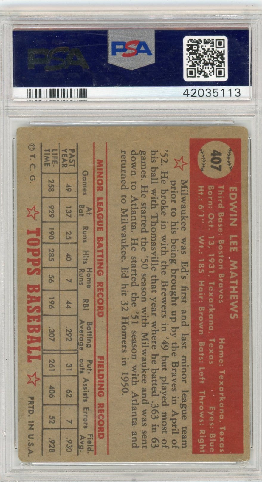 1952 Topps Ed Mathews #407 PSA 3