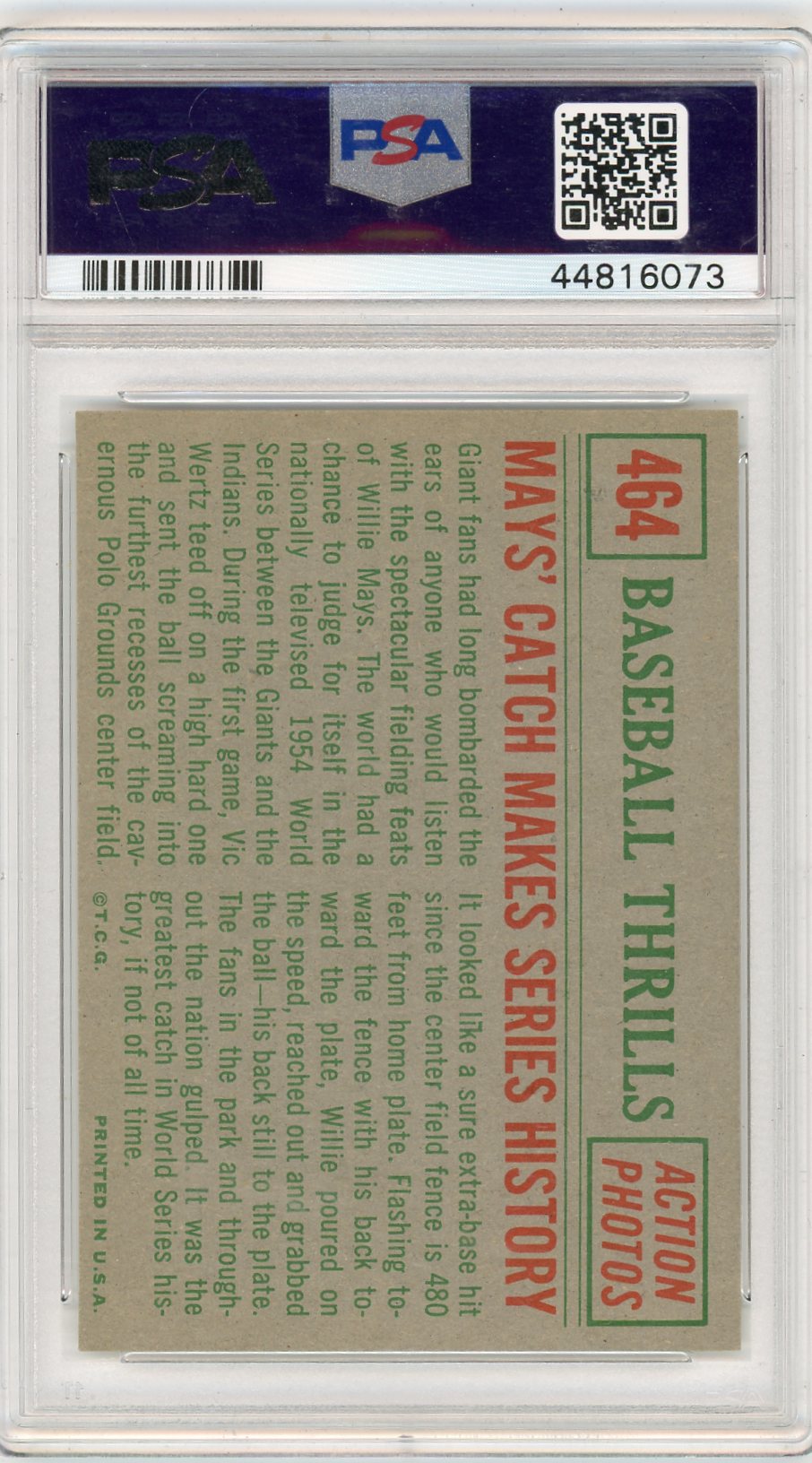 1959 Topps Mays' Catch Makes #464 Series History PSA 8
