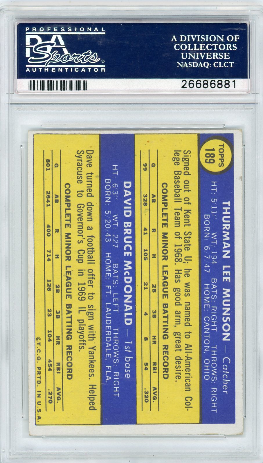 1970 Topps Yankees Rookies #189 T. Munson D. Mcdonald PSA 6