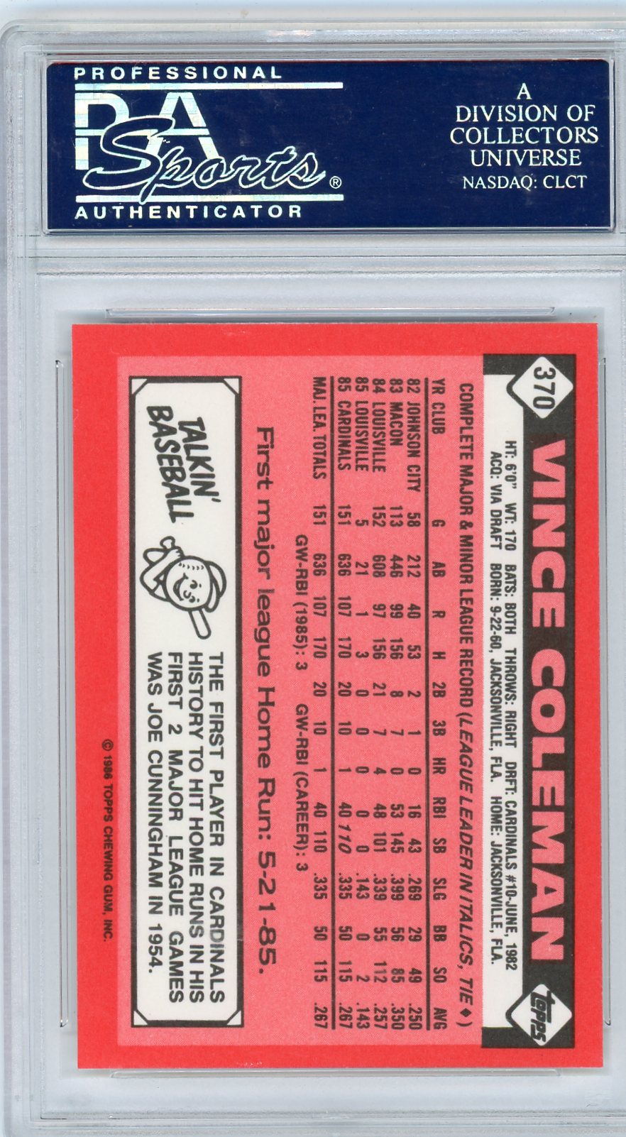 1986 Topps Tiffany Vince Coleman #370 PSA 10