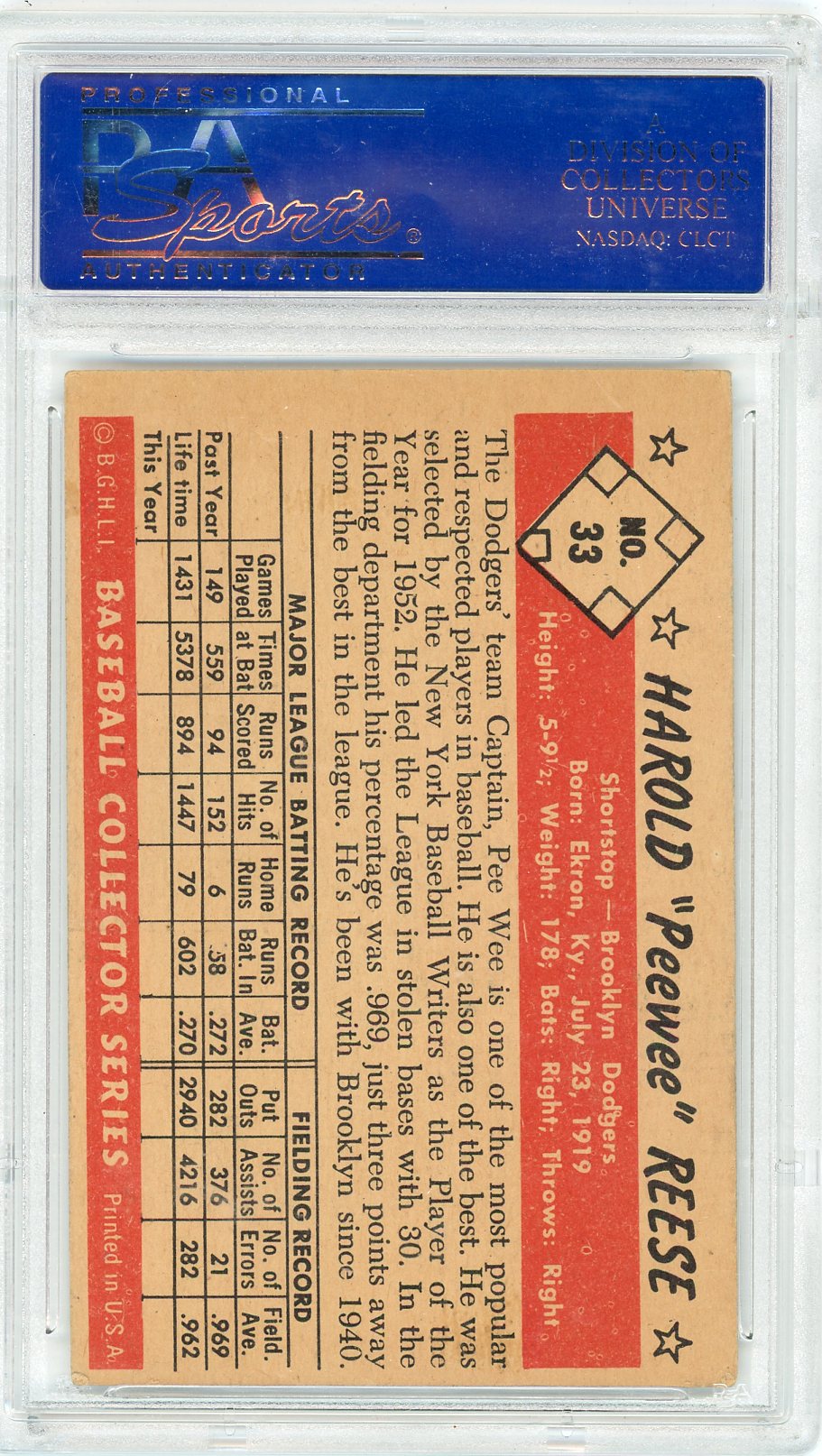 1953 Bowman Color Pee Wee Reese #33 PSA 4