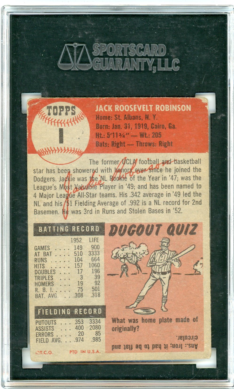 1953 Topps Jackie Robinson #1 SGC 3