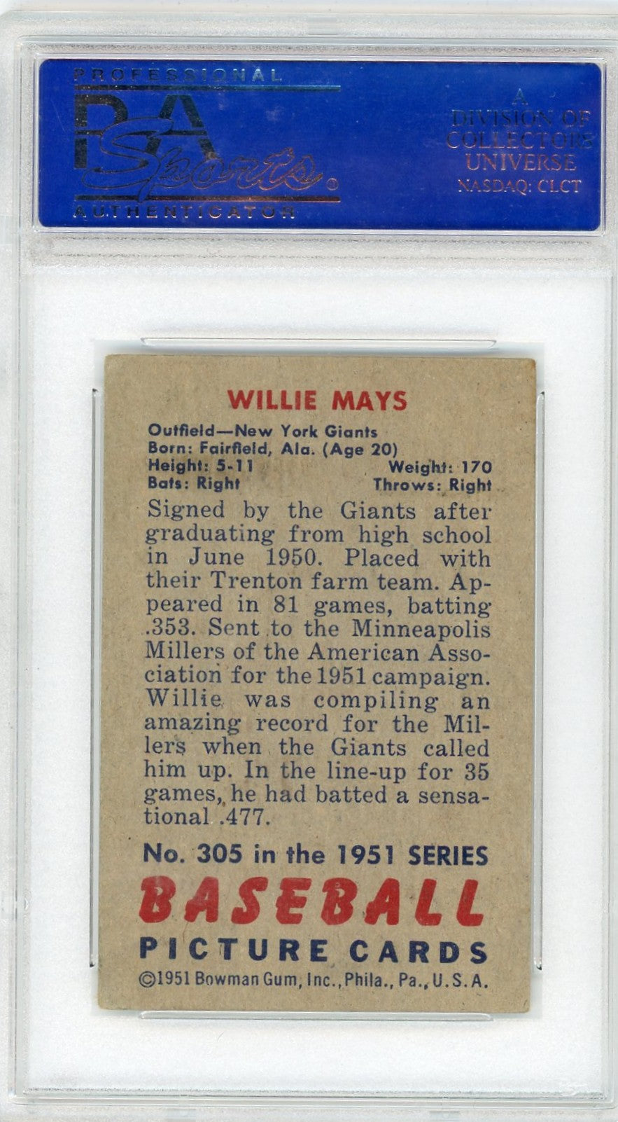 1951 Bowman Willie Mays #305 PSA 3