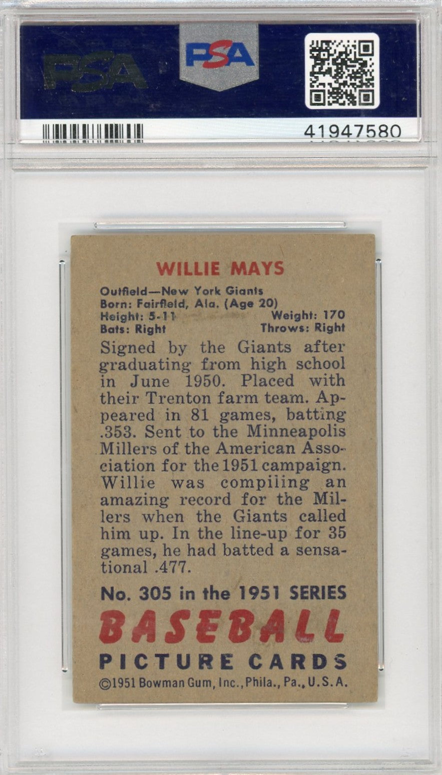 1951 Bowman Willie Mays #305 PSA 5