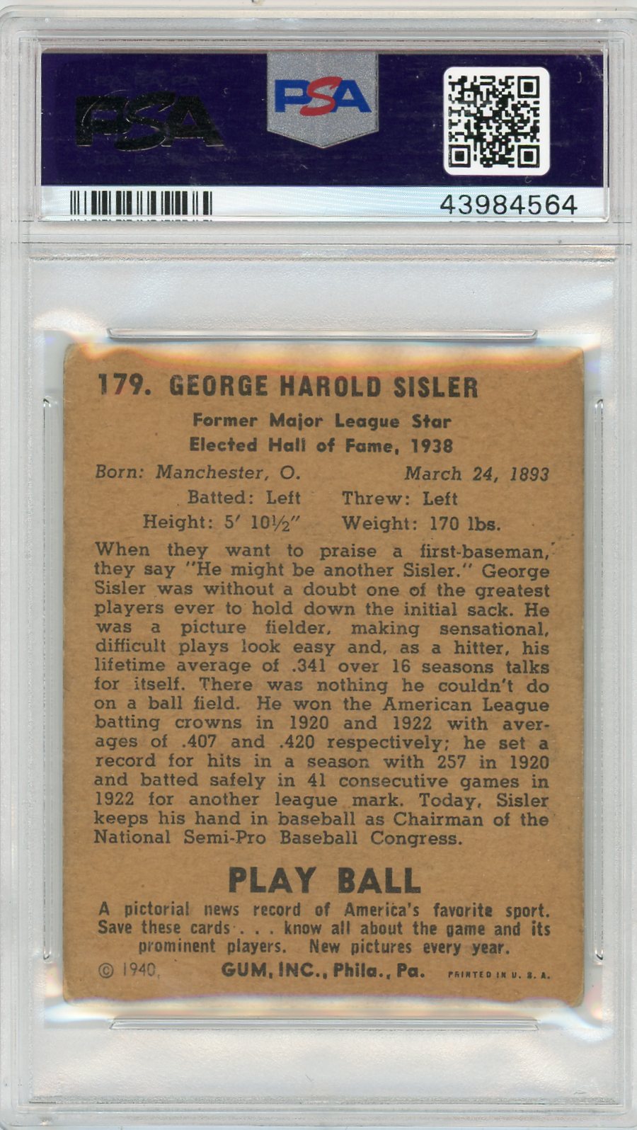 1940 Play Ball George Sisler #179 PSA 4
