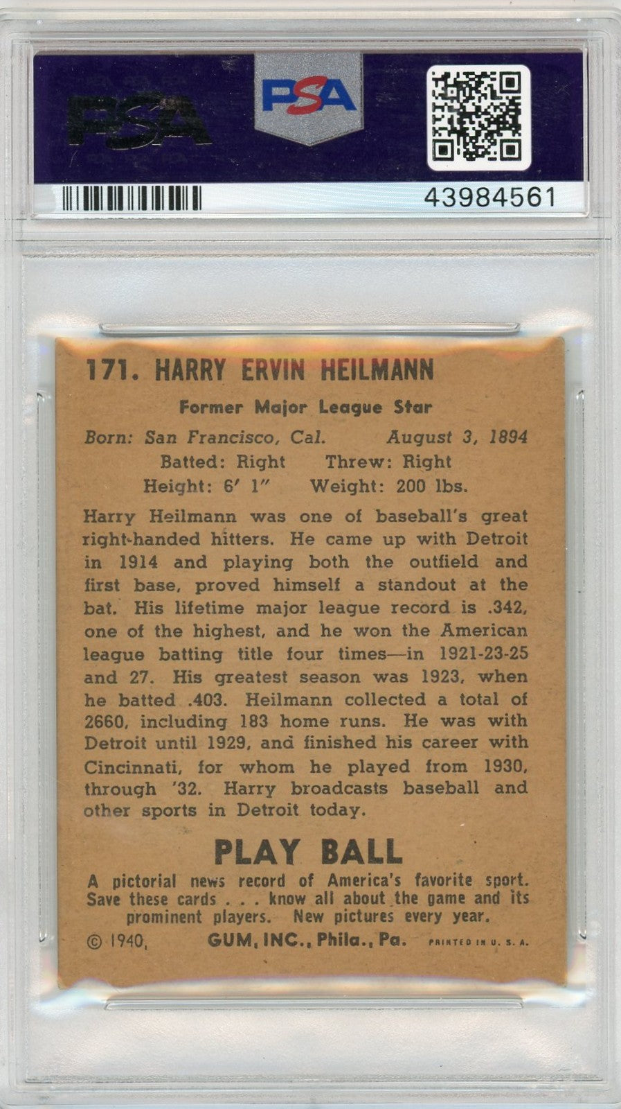 1940 Play Ball Harry Heilmann #171 PSA 5