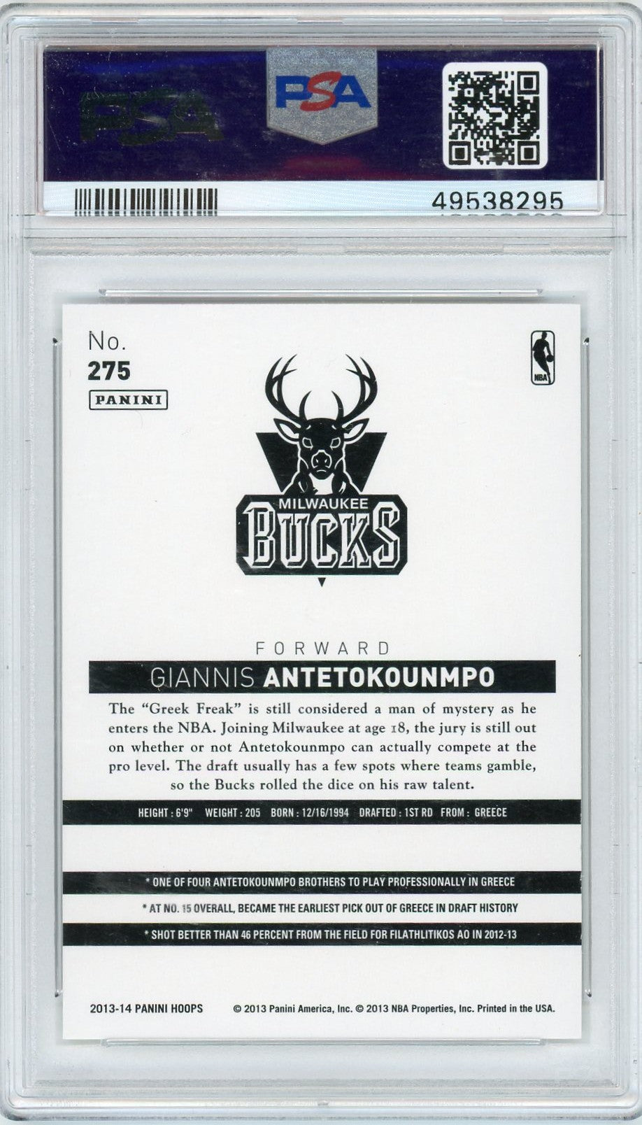 2013 Panini Hoops G. Antetokounmpo #275 PSA 10