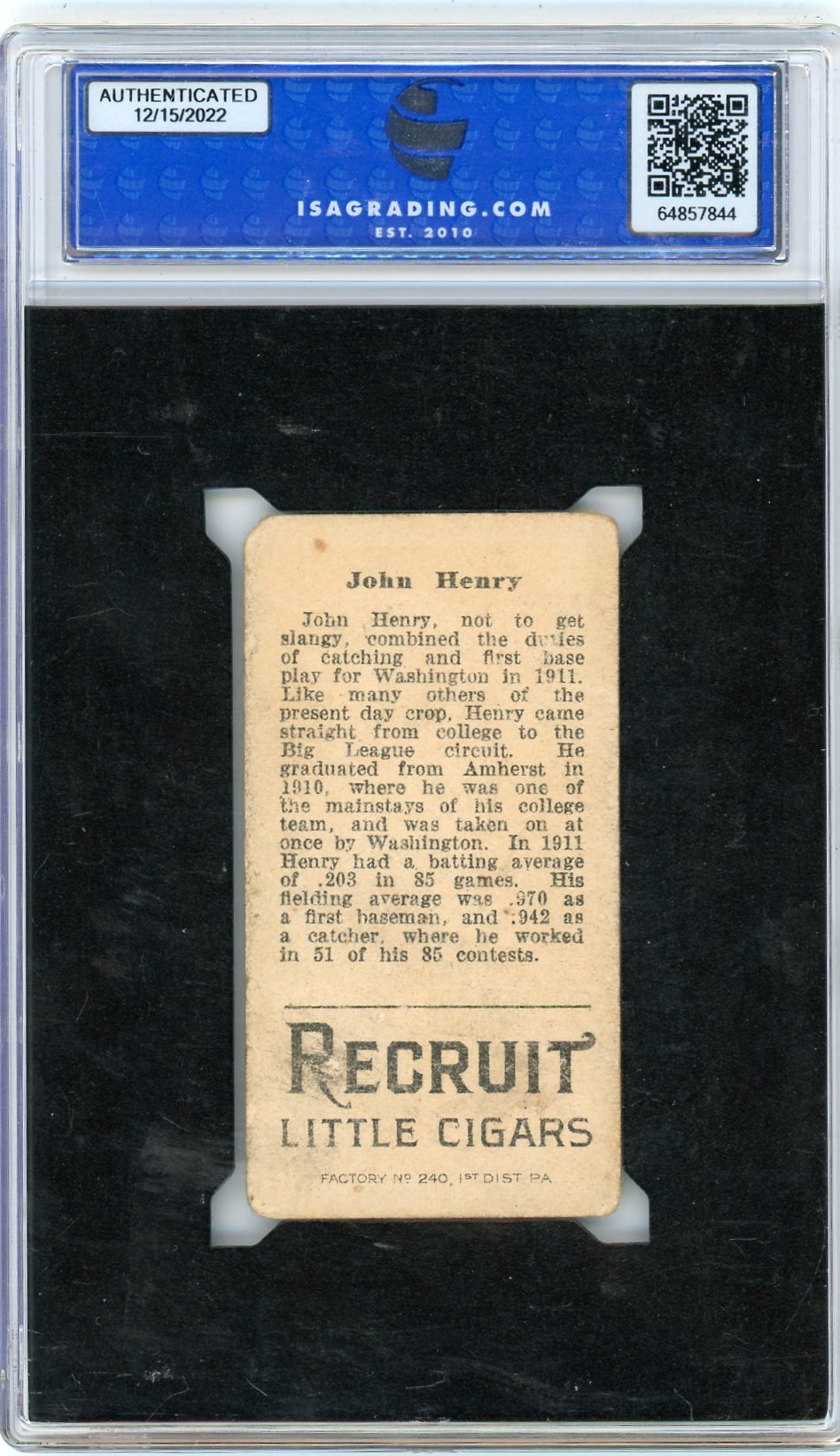 1912 T207 Brown Background John Henry ISA 2.5